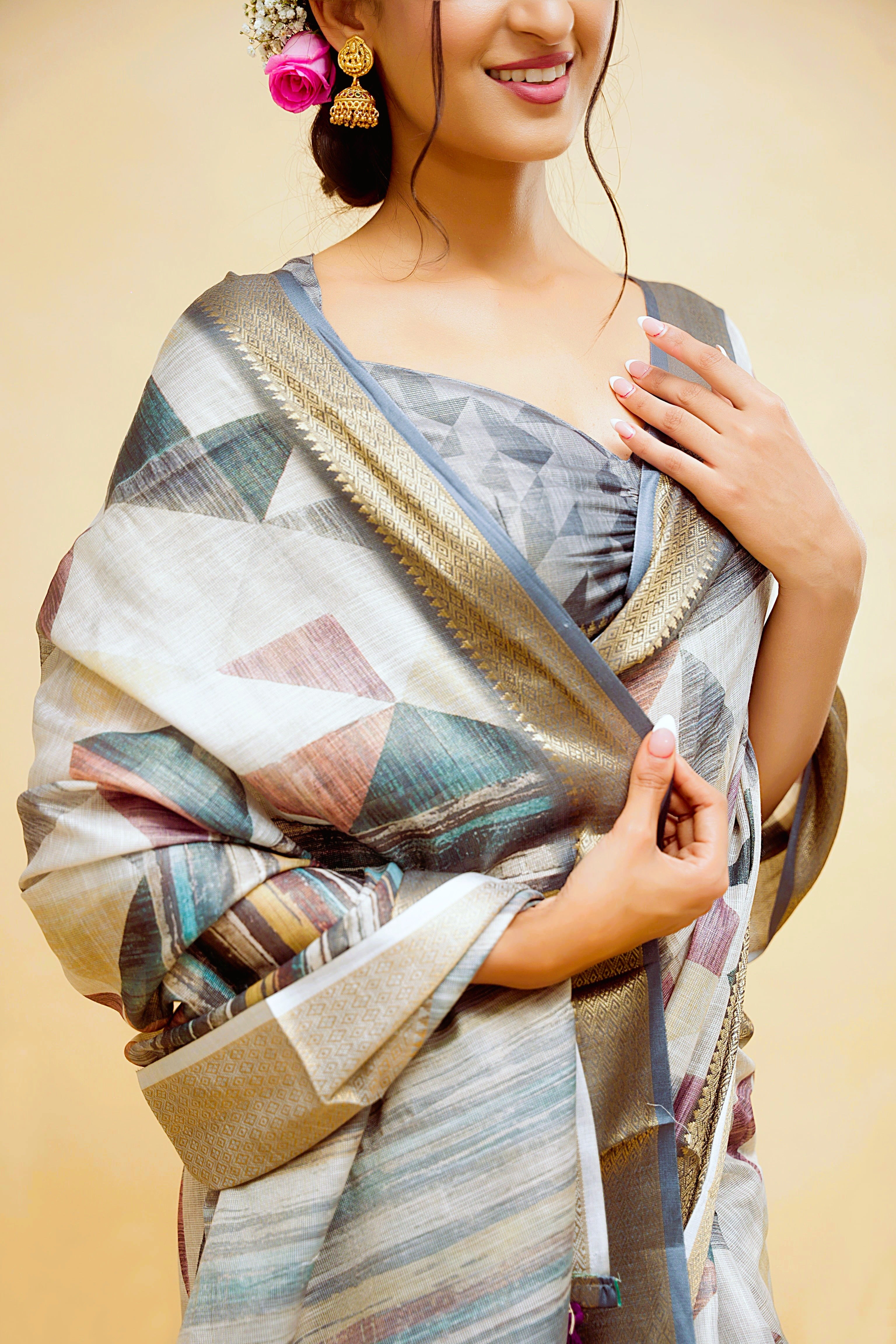 Grey and Mauve Geometric Triangle Print Saree with Bronze Zari Border