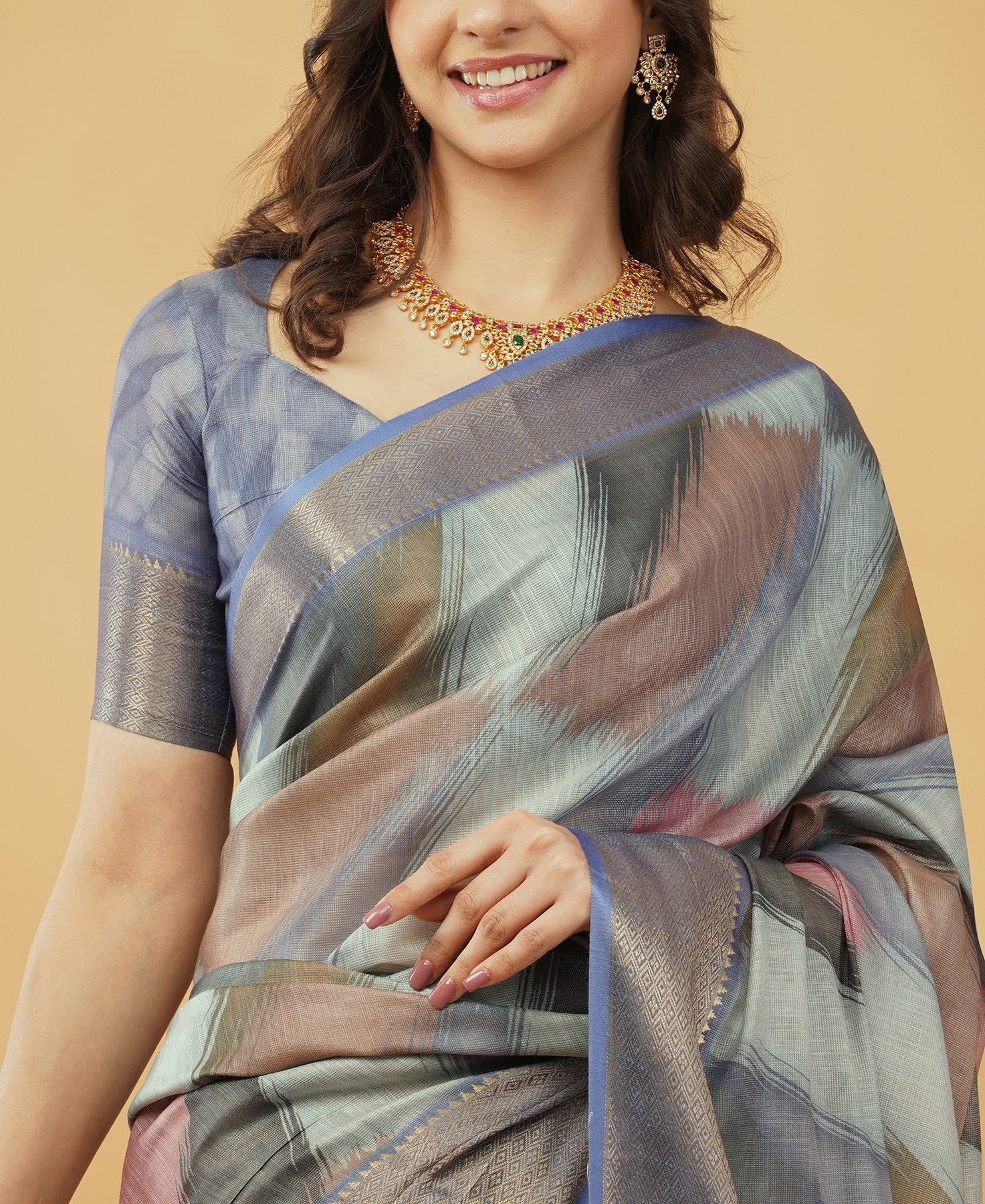 Slate Blue & Mauve Ikat-Inspired Abstract Saree with Ruched Sweetheart Blouse