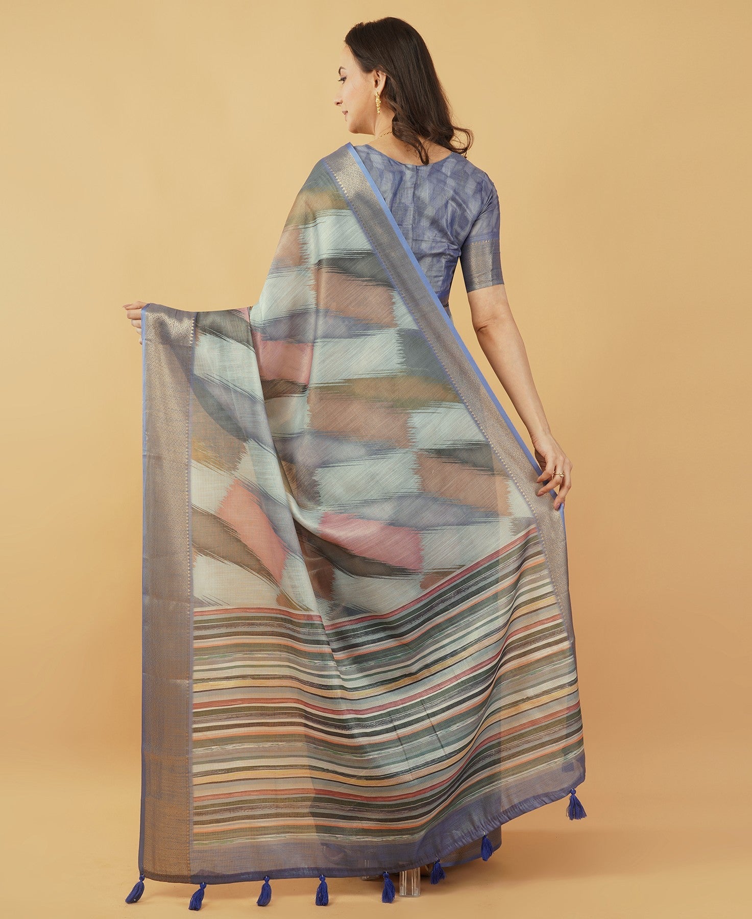 Slate Blue & Mauve Ikat-Inspired Abstract Saree with Ruched Sweetheart Blouse