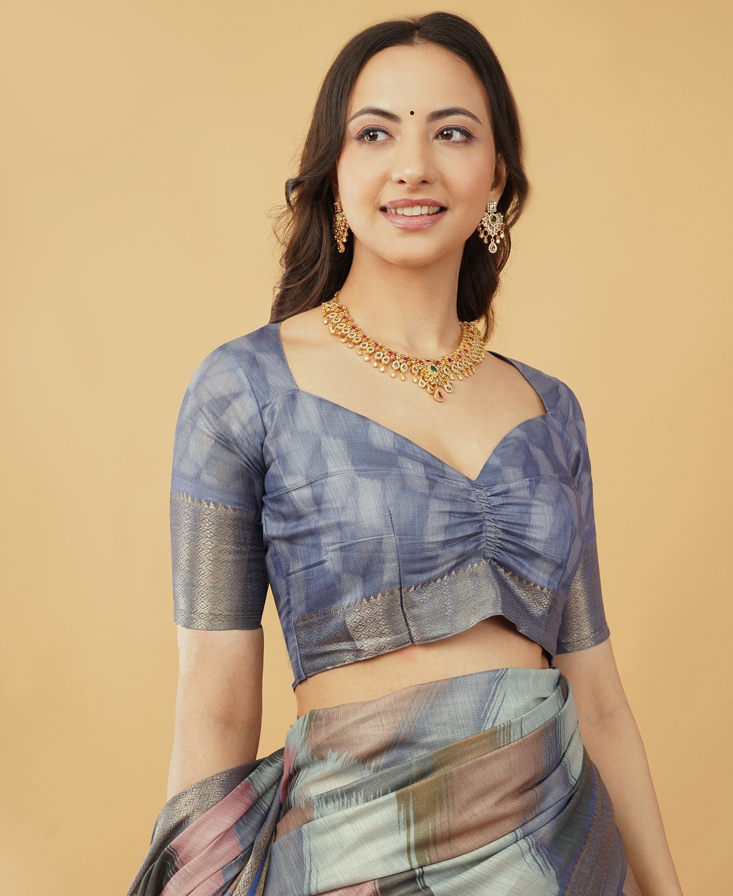 Slate Blue & Mauve Ikat-Inspired Abstract Saree with Ruched Sweetheart Blouse