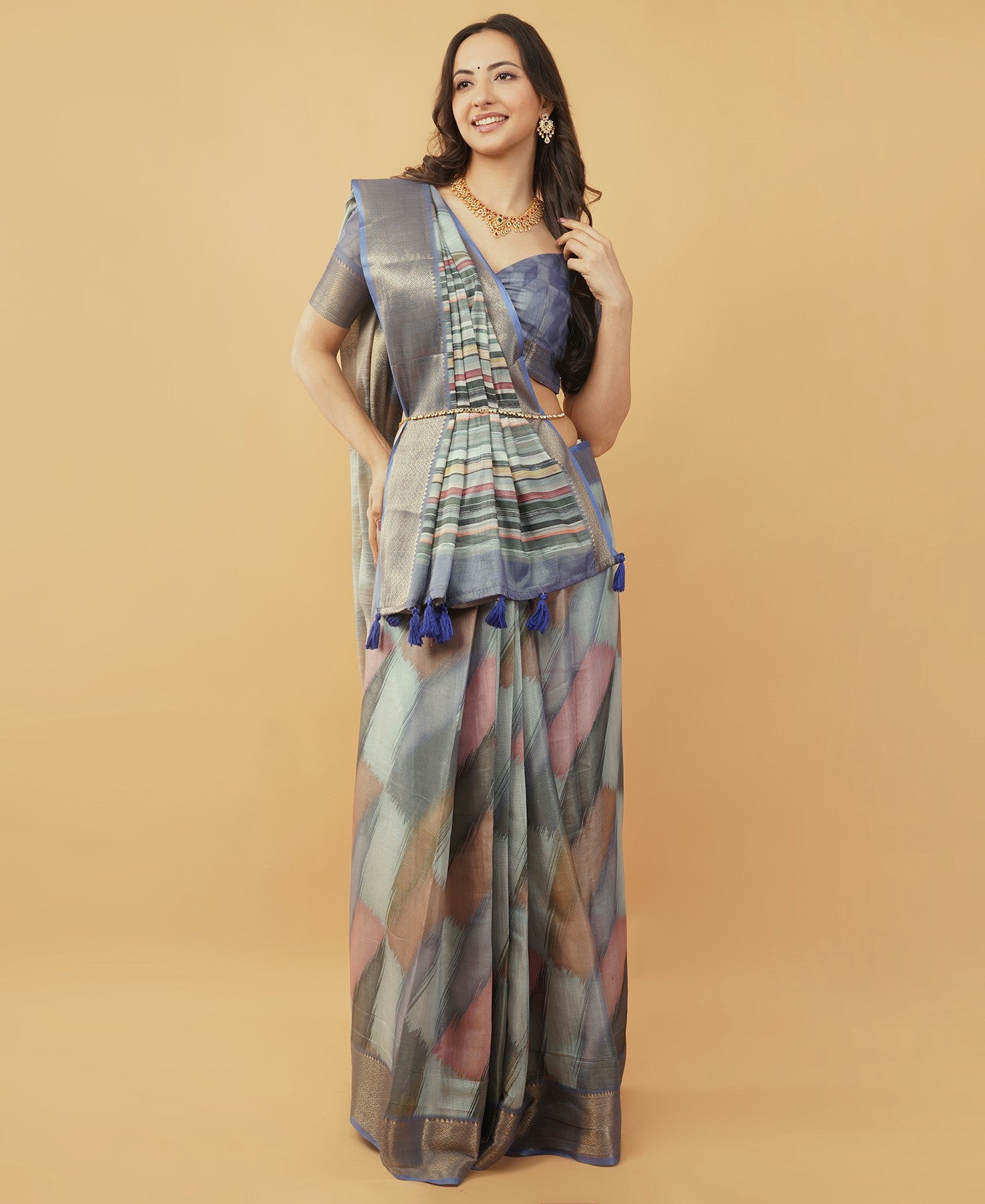Slate Blue & Mauve Ikat-Inspired Abstract Saree with Ruched Sweetheart Blouse