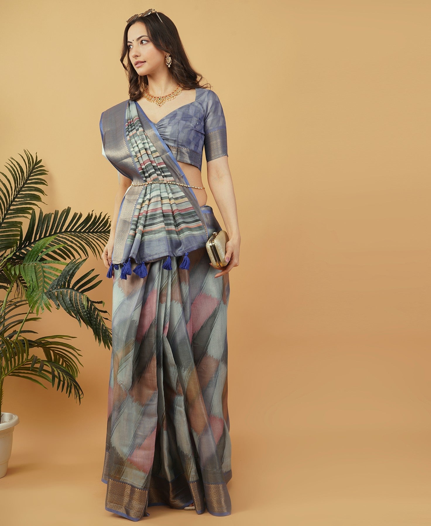 Slate Blue & Mauve Ikat-Inspired Abstract Saree with Ruched Sweetheart Blouse