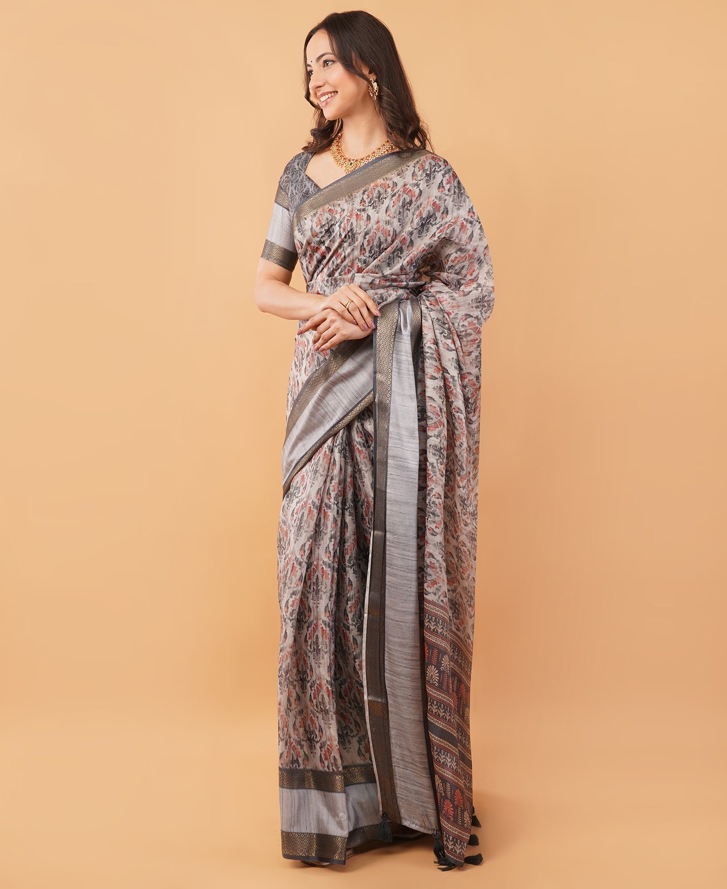 Slate Grey & Cream Abstract Floral Saree with Zari Border & Ruched Blouse