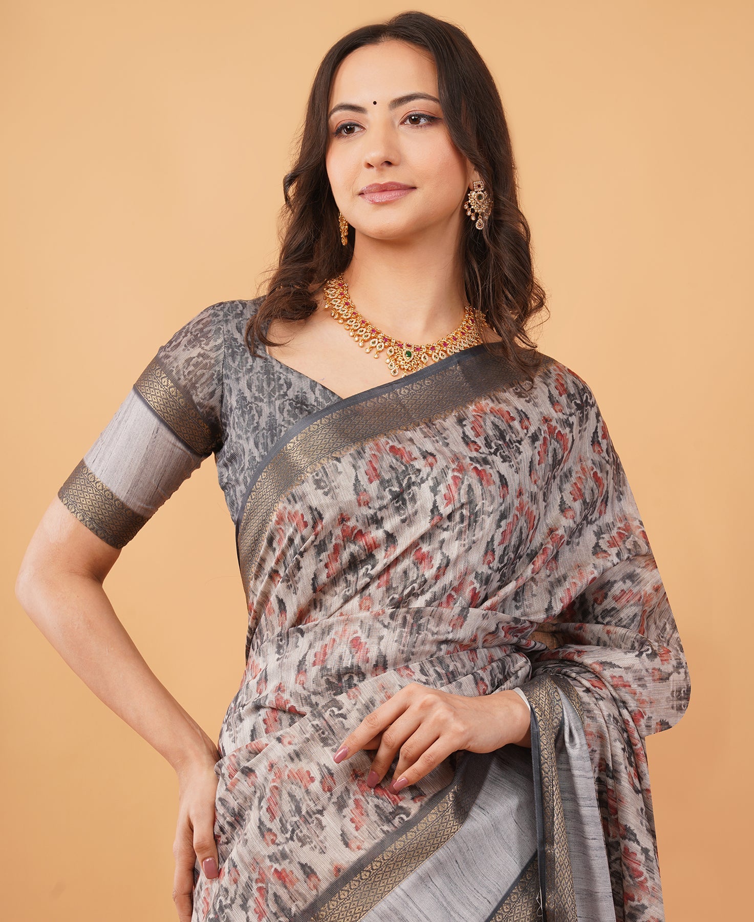 Slate Grey & Cream Abstract Floral Saree with Zari Border & Ruched Blouse