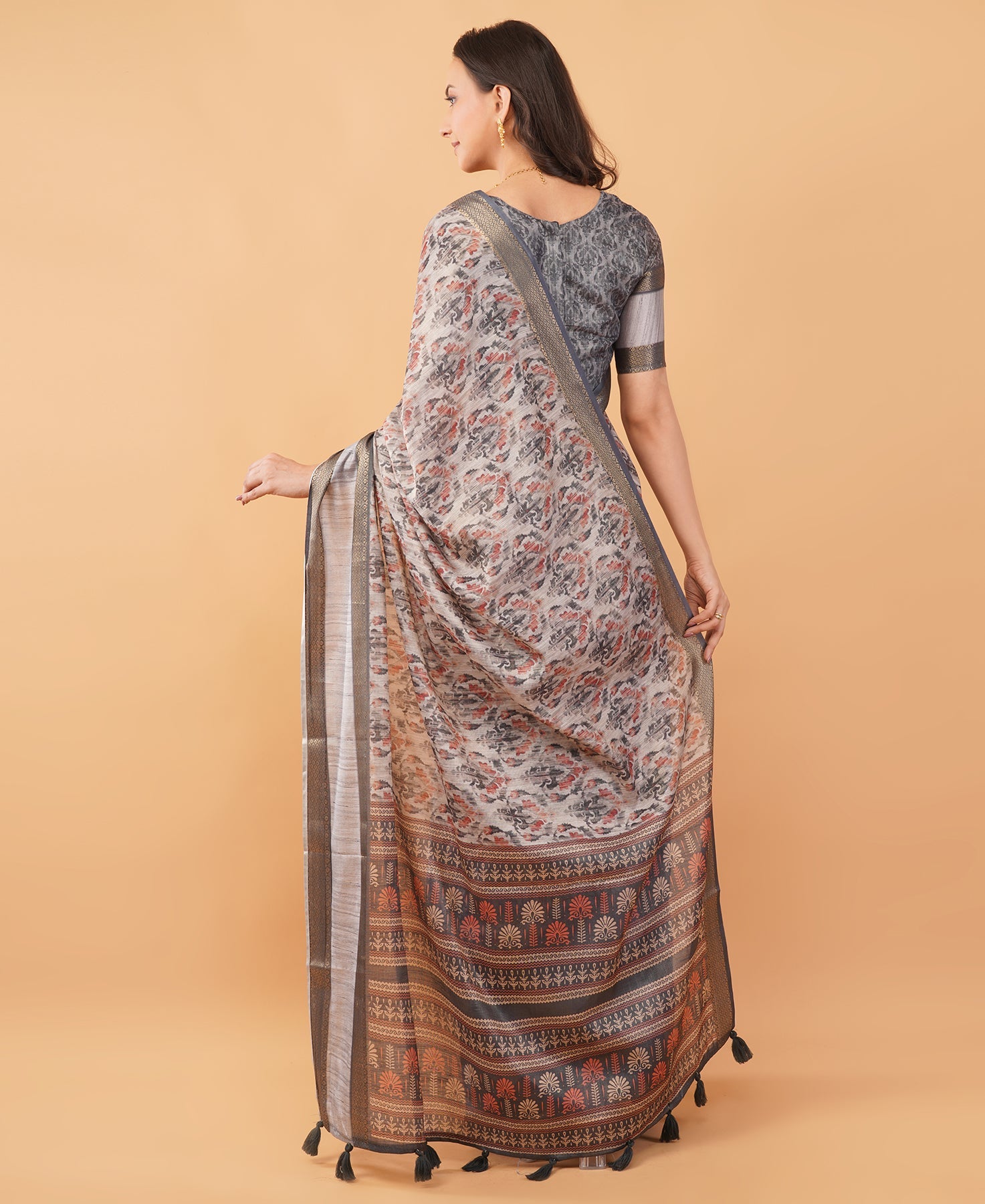 Slate Grey & Cream Abstract Floral Saree with Zari Border & Ruched Blouse