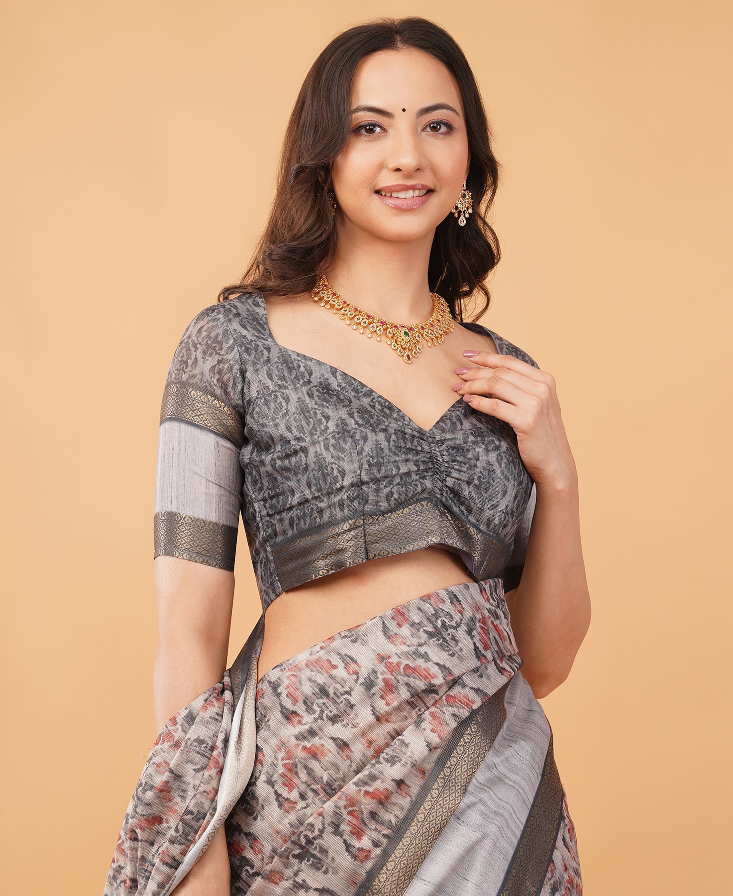Slate Grey & Cream Abstract Floral Saree with Zari Border & Ruched Blouse