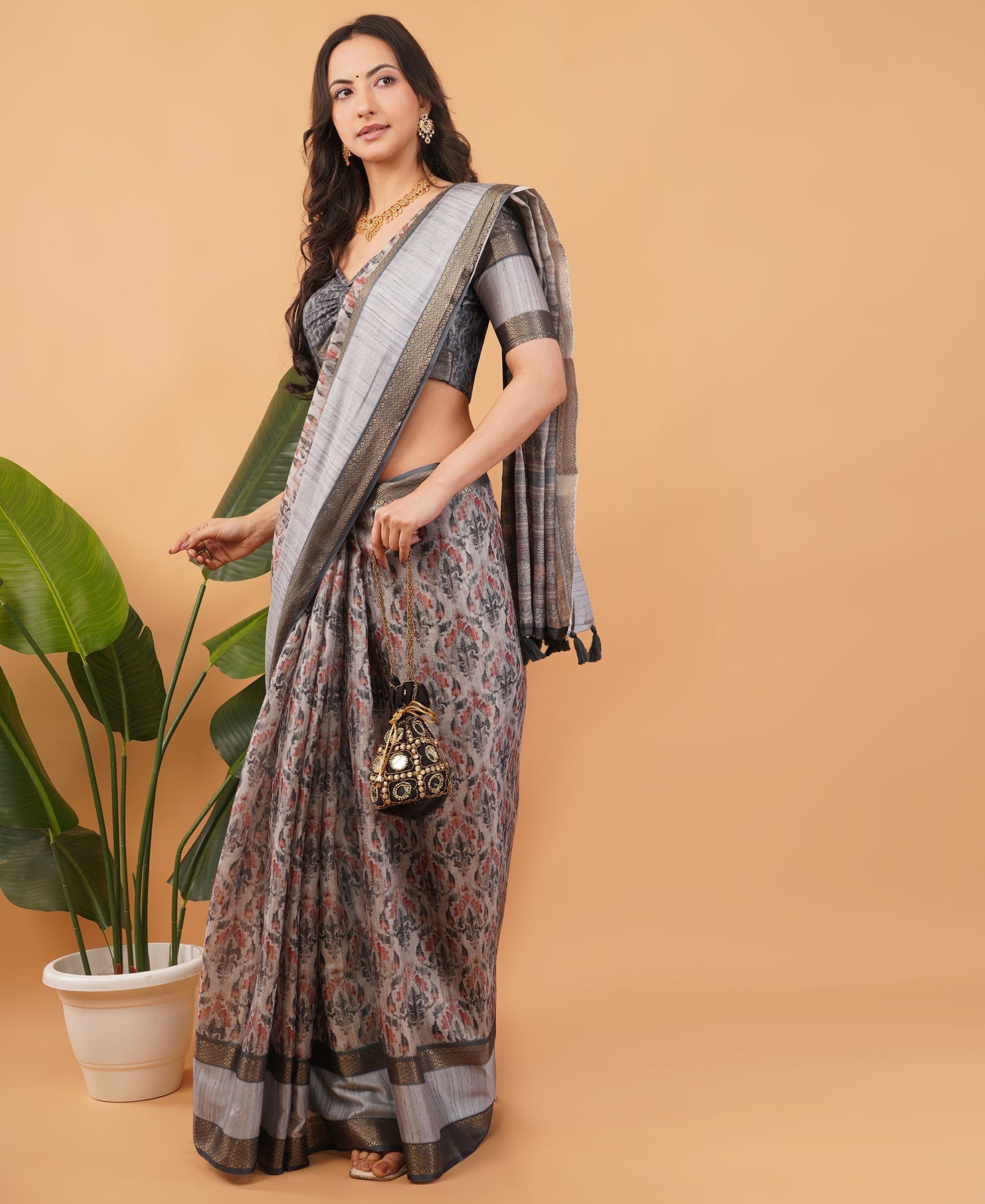 Slate Grey & Cream Abstract Floral Saree with Zari Border & Ruched Blouse