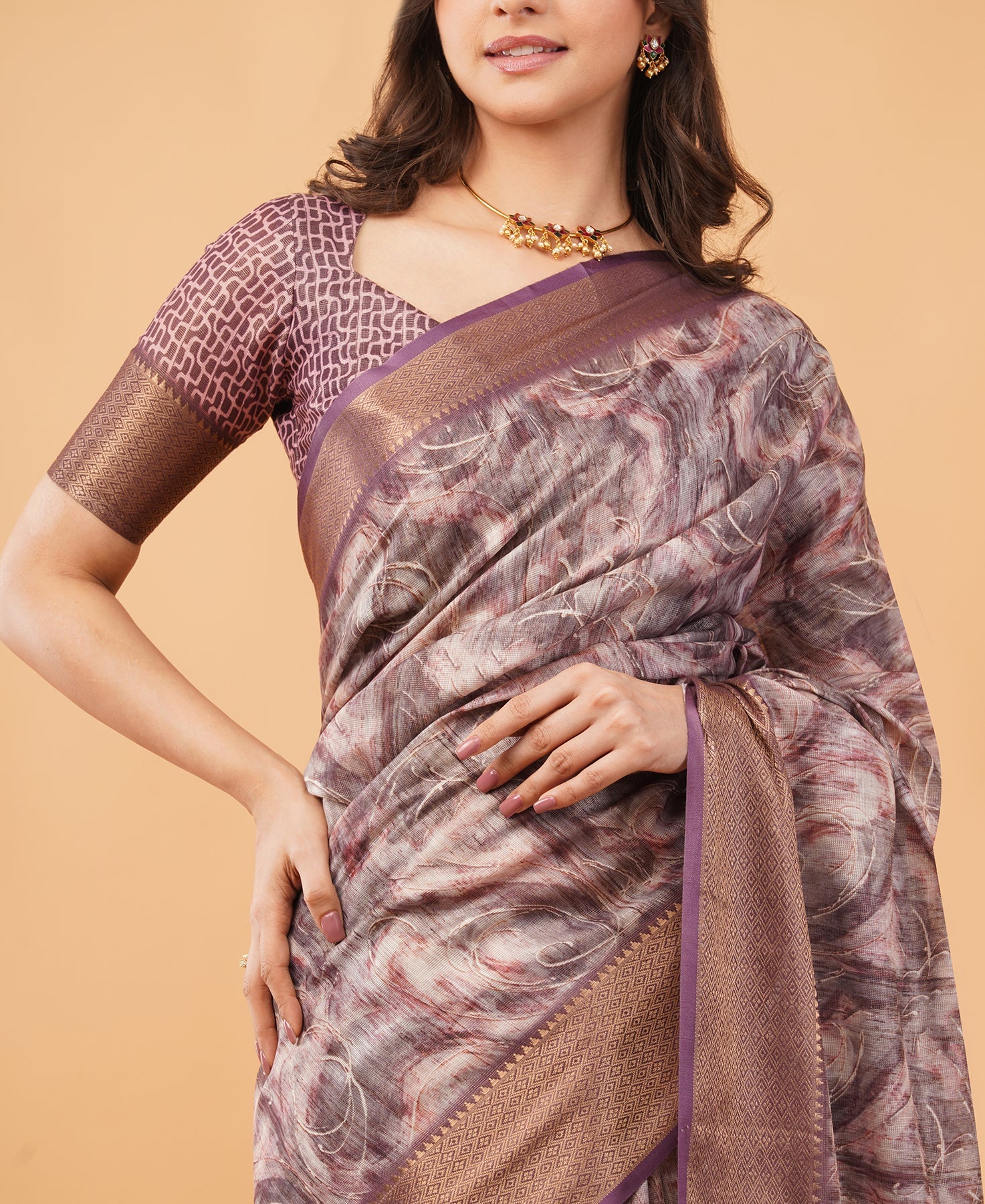Mauve Marble Print Saree with Antique Gold Zari Border & Ruched Blouse