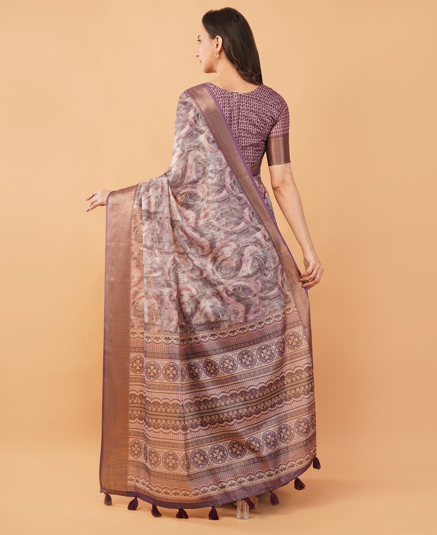 Mauve Marble Print Saree with Antique Gold Zari Border & Ruched Blouse