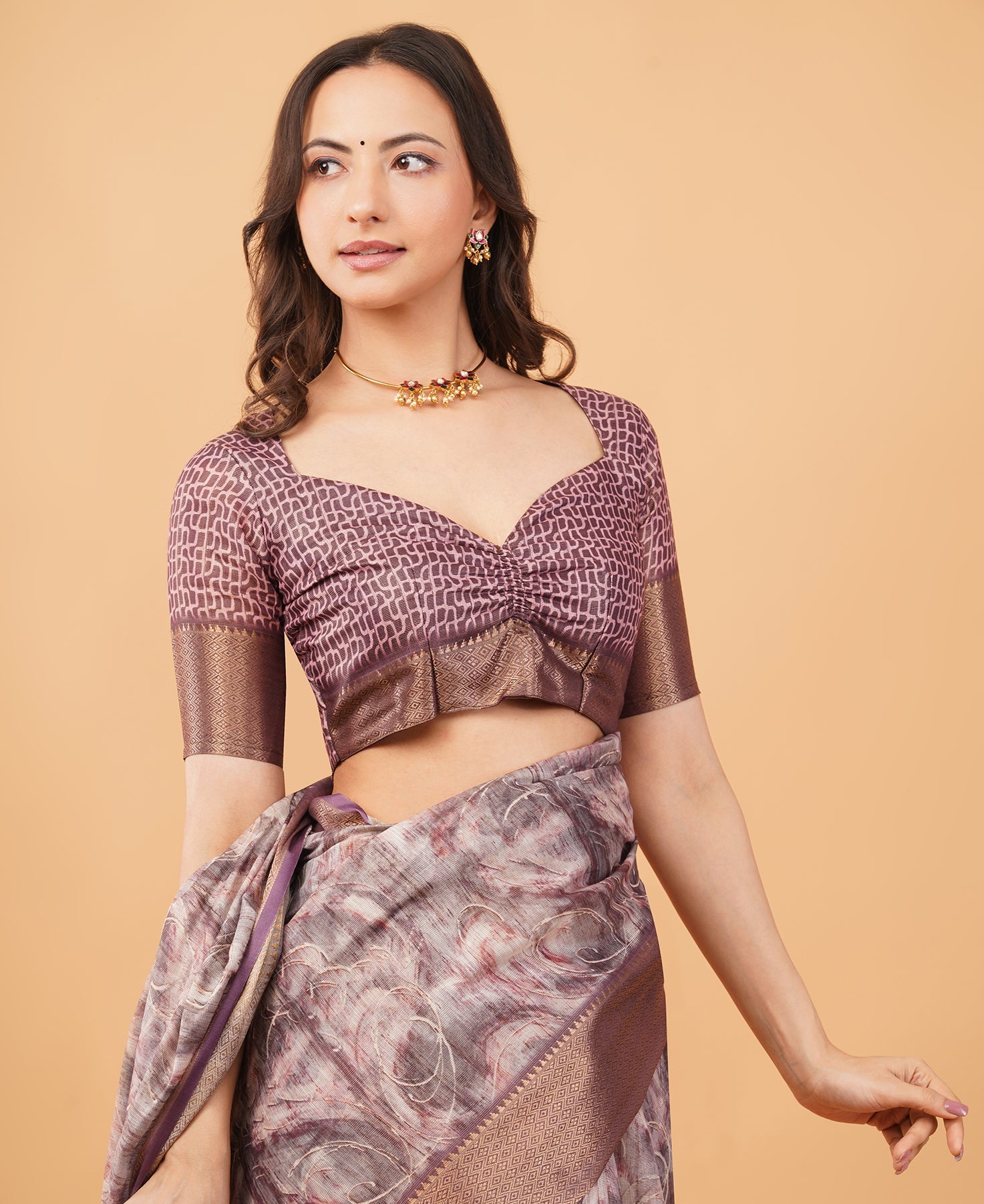 Mauve Marble Print Saree with Antique Gold Zari Border & Ruched Blouse