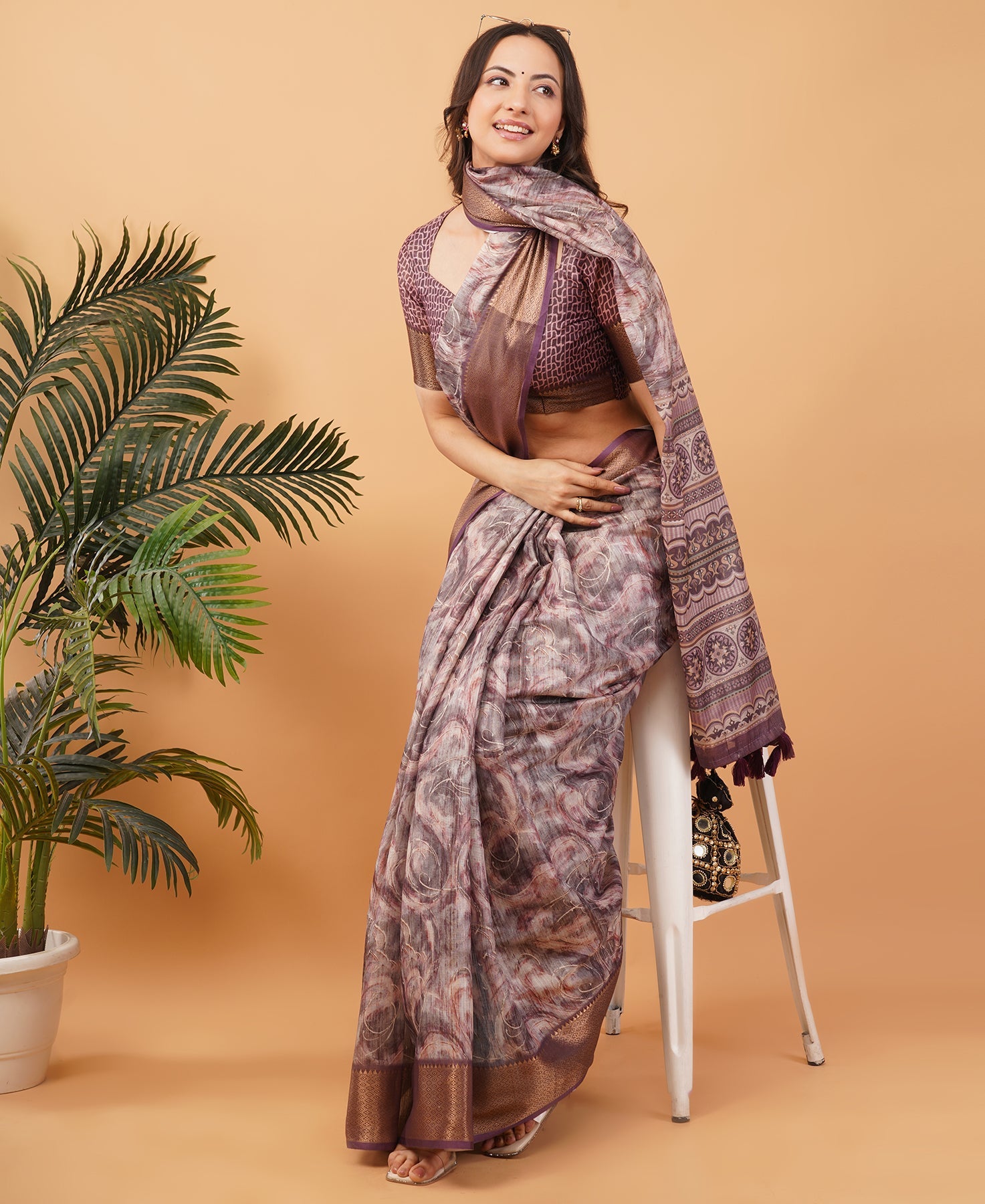 Mauve Marble Print Saree with Antique Gold Zari Border & Ruched Blouse
