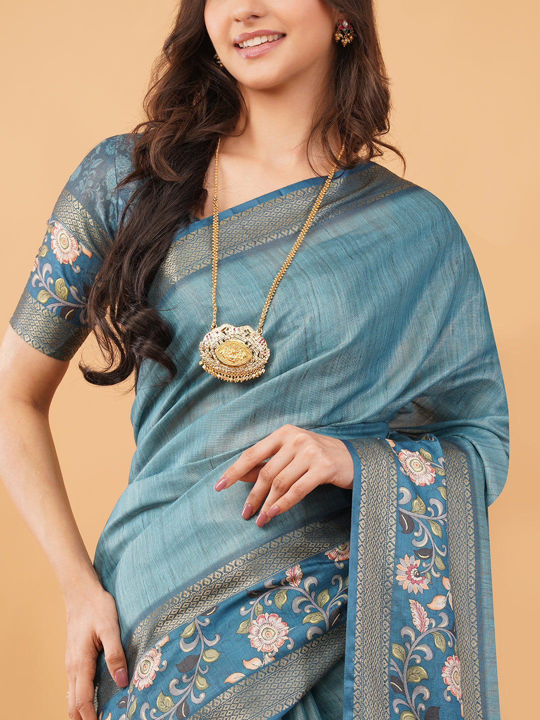 Teal Blue Textured Saree with Kalamkari Floral Border & Ruched Blouse