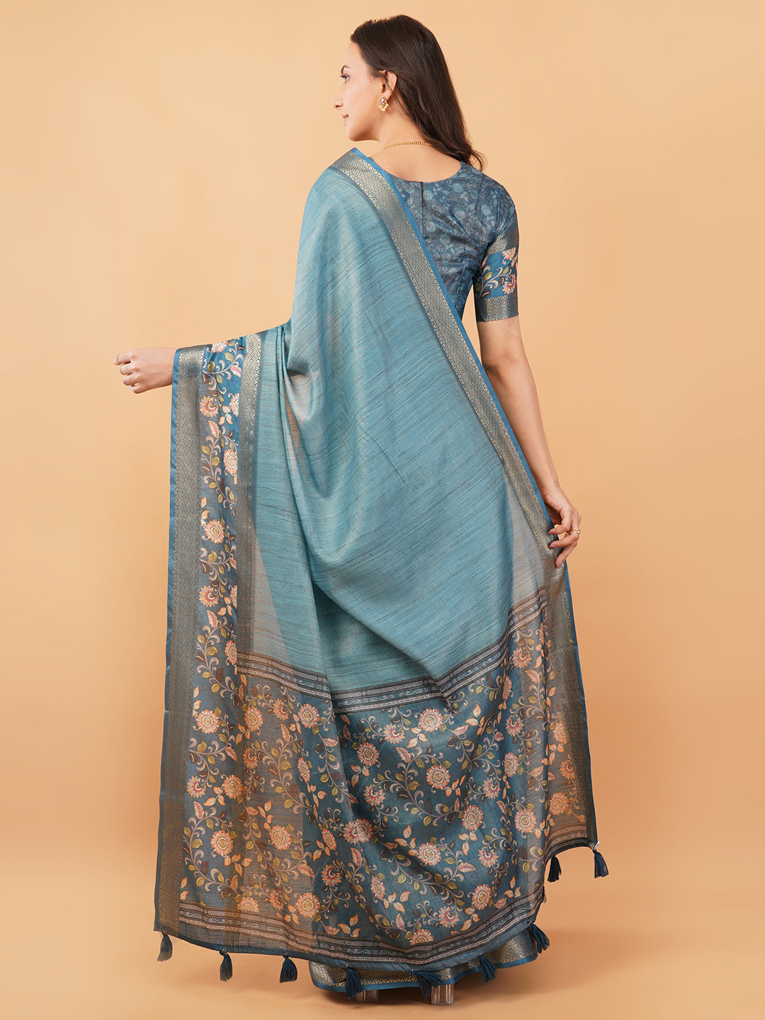 Teal Blue Textured Saree with Kalamkari Floral Border & Ruched Blouse