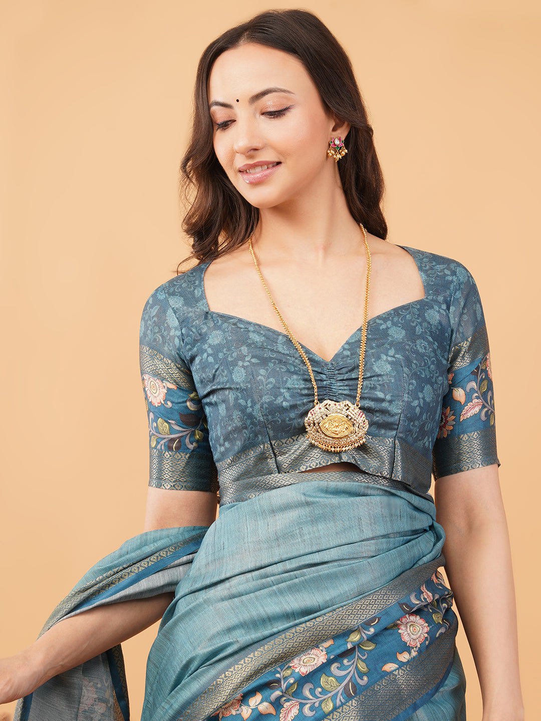 Teal Blue Textured Saree with Kalamkari Floral Border & Ruched Blouse