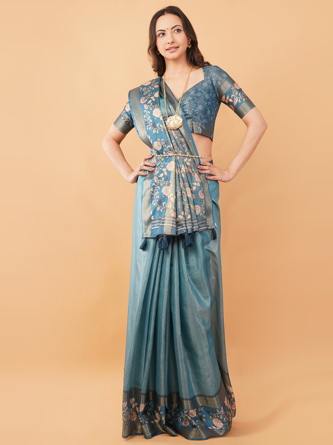 Teal Blue Textured Saree with Kalamkari Floral Border & Ruched Blouse