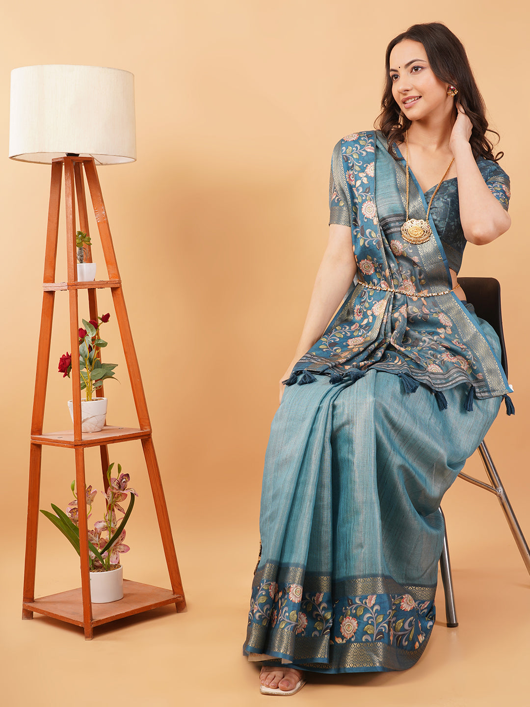 Teal Blue Textured Saree with Kalamkari Floral Border & Ruched Blouse