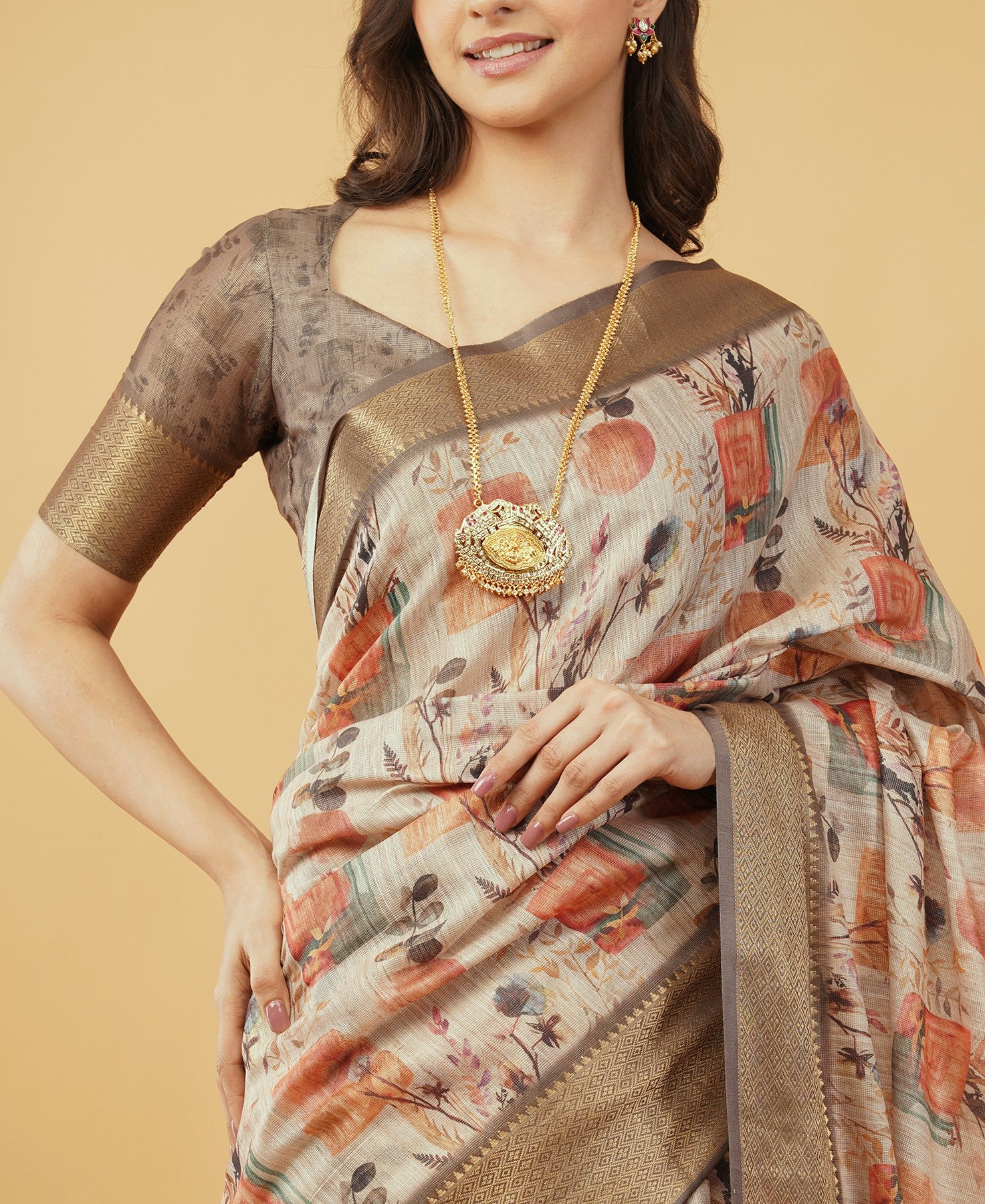 Cream and Rust Botanical Print Saree with Bronze Zari Border