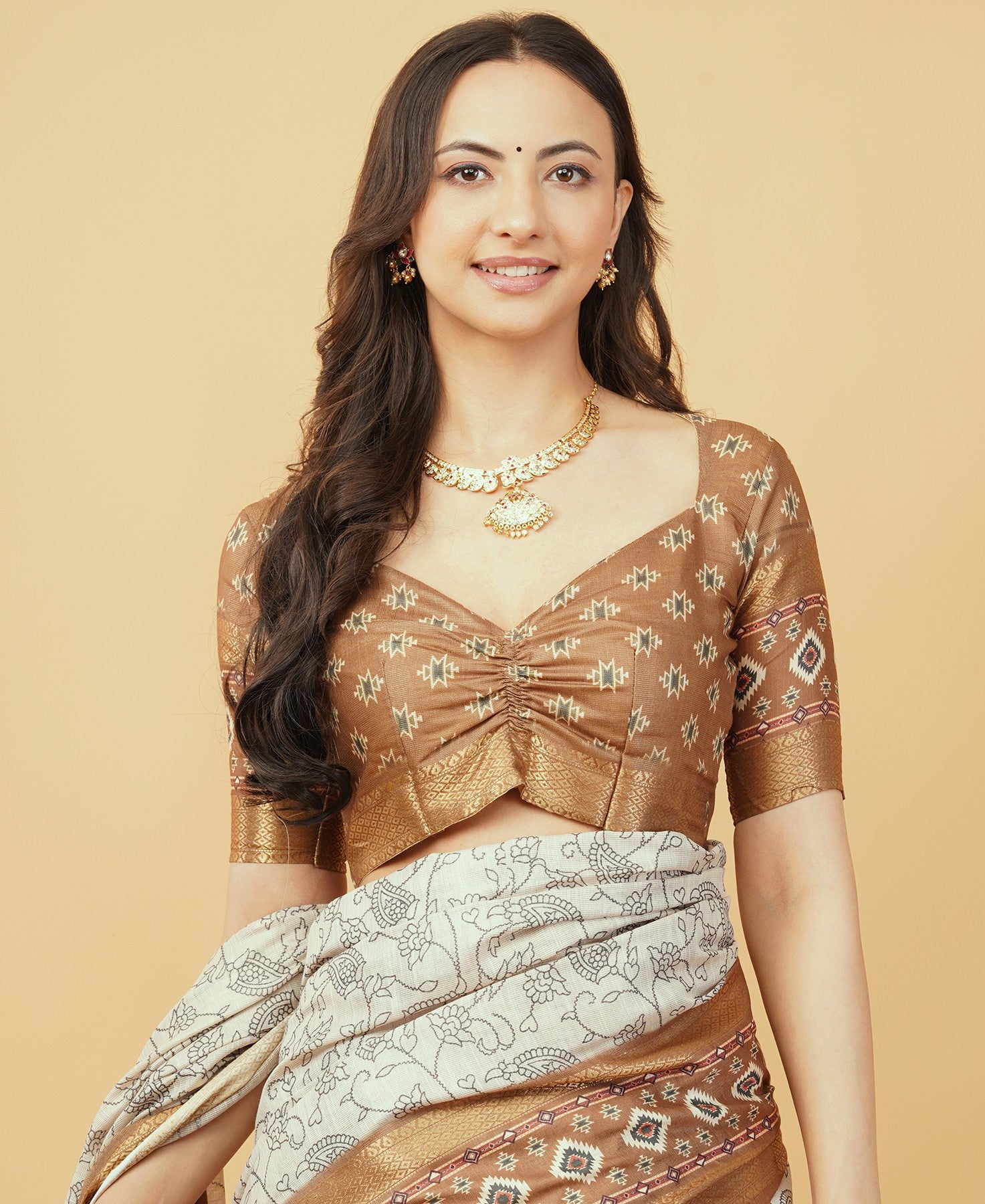 Off-White Kalamkari-Inspired Floral Saree with Copper Zari Border