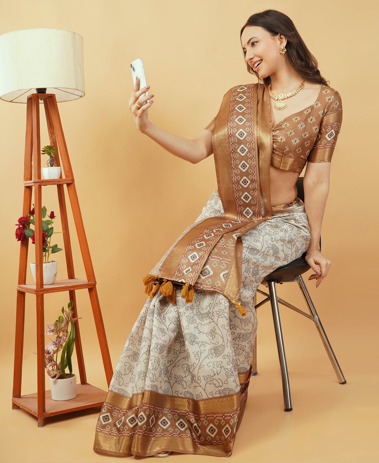 Off-White Kalamkari-Inspired Floral Saree with Copper Zari Border