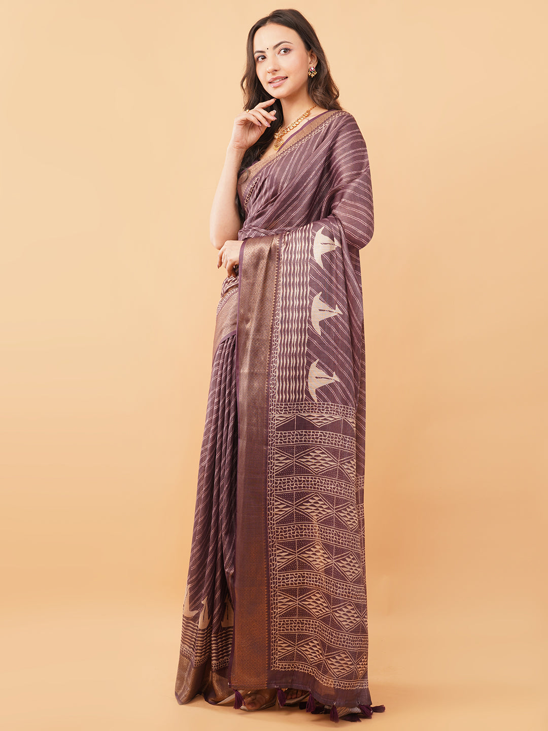 Taupe Textured Saree with Floral Kalamkari-Style Panel and Zari Border