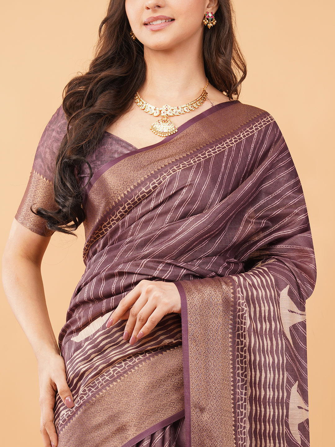 Taupe Textured Saree with Floral Kalamkari-Style Panel and Zari Border