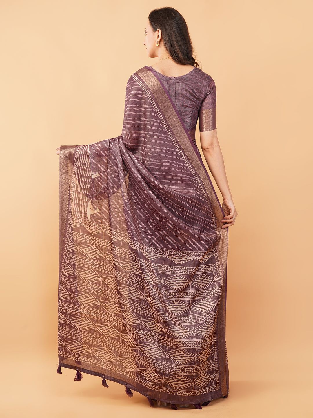 Taupe Textured Saree with Floral Kalamkari-Style Panel and Zari Border