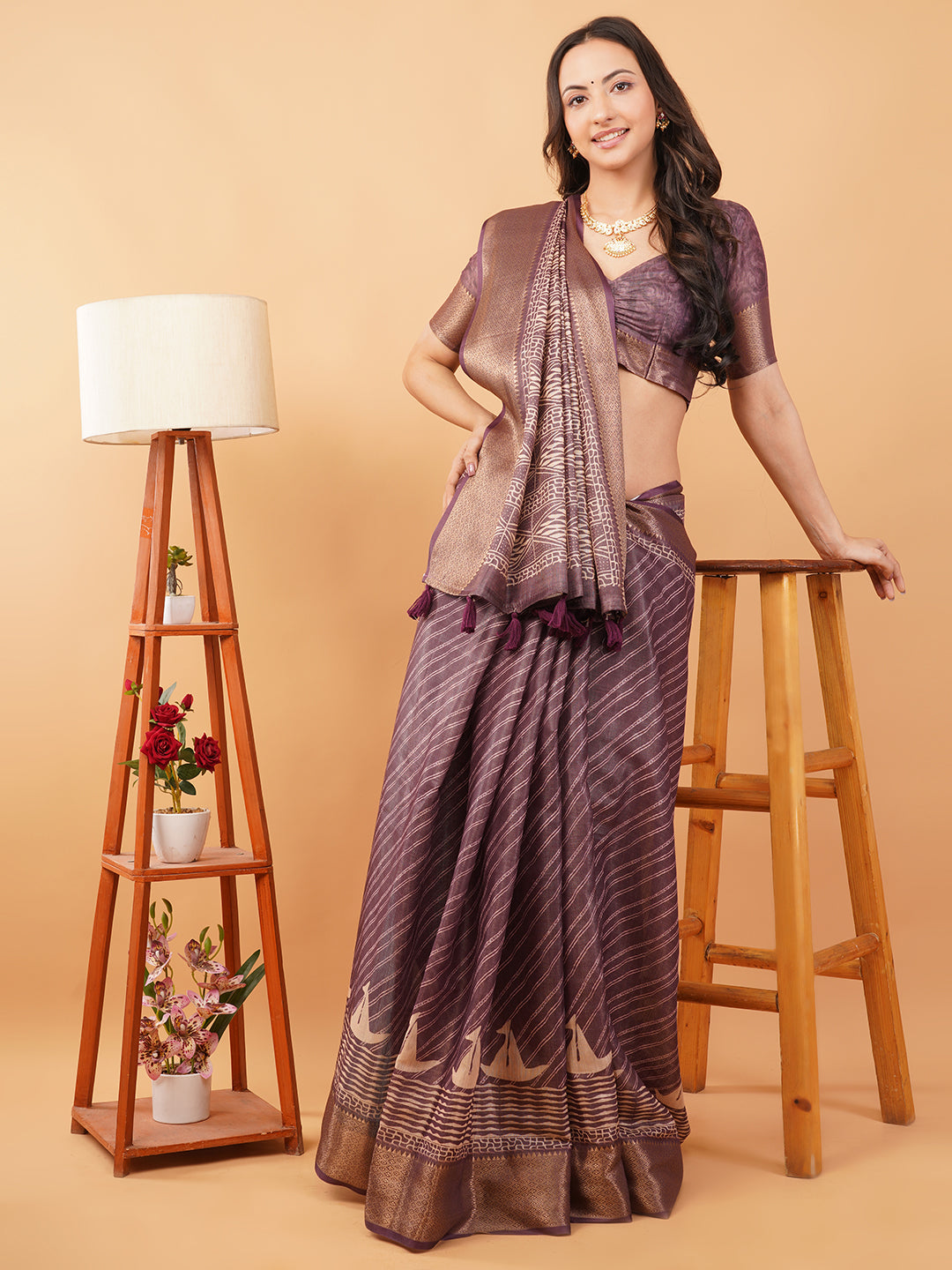 Taupe Textured Saree with Floral Kalamkari-Style Panel and Zari Border