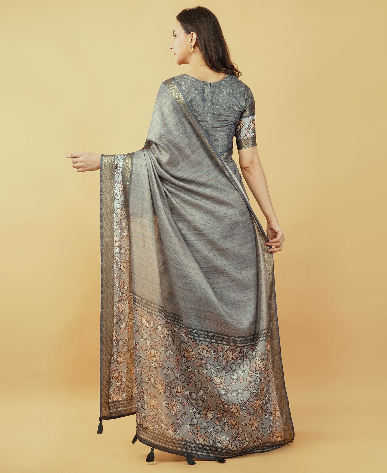 Beige and Rust Abstract Botanical Saree with Bronze Zari Border