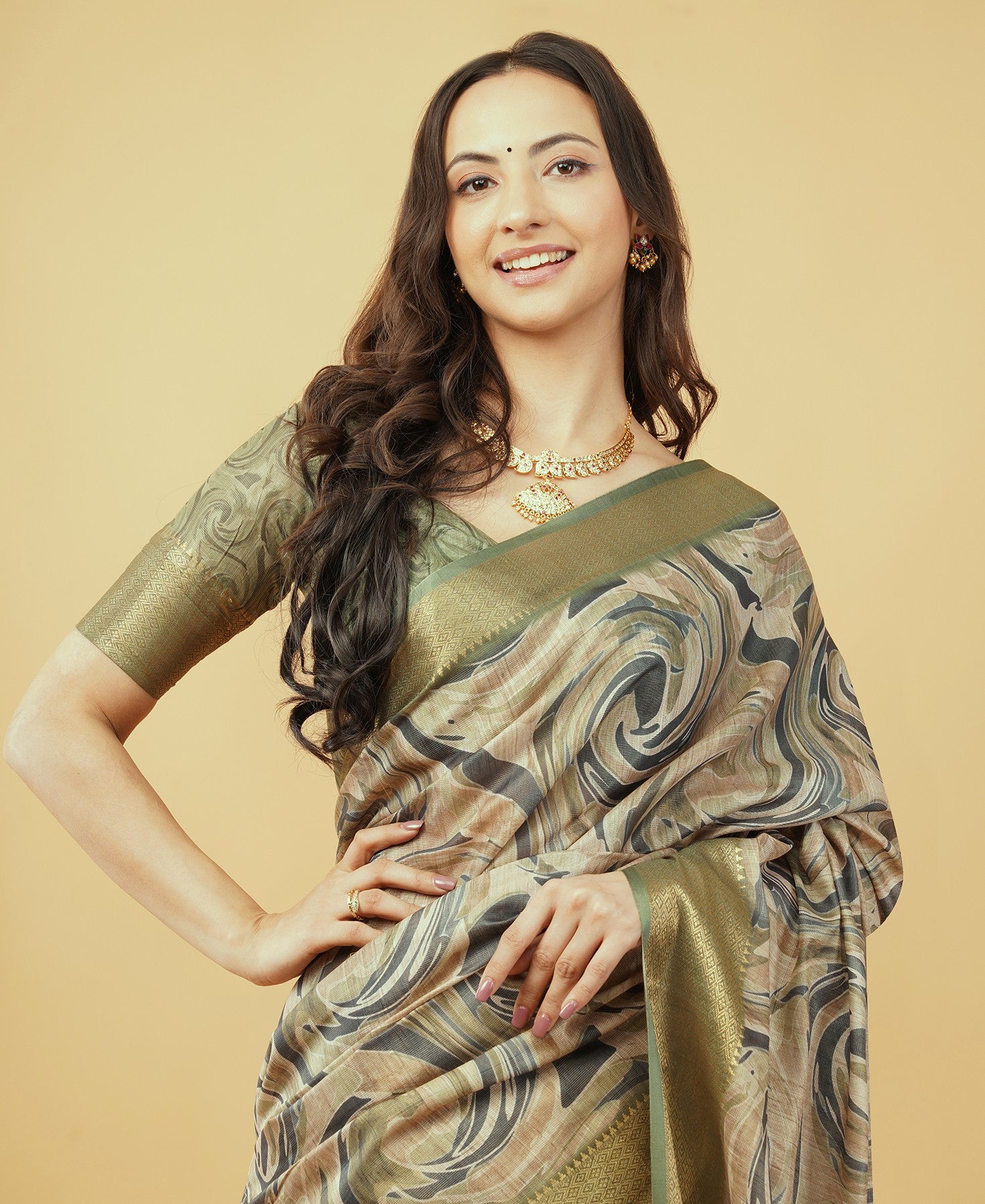 Mehendi Green Marble Swirl Print Saree with Antique Gold Zari Border