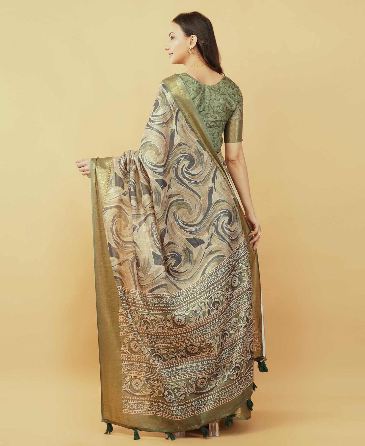 Mehendi Green Marble Swirl Print Saree with Antique Gold Zari Border