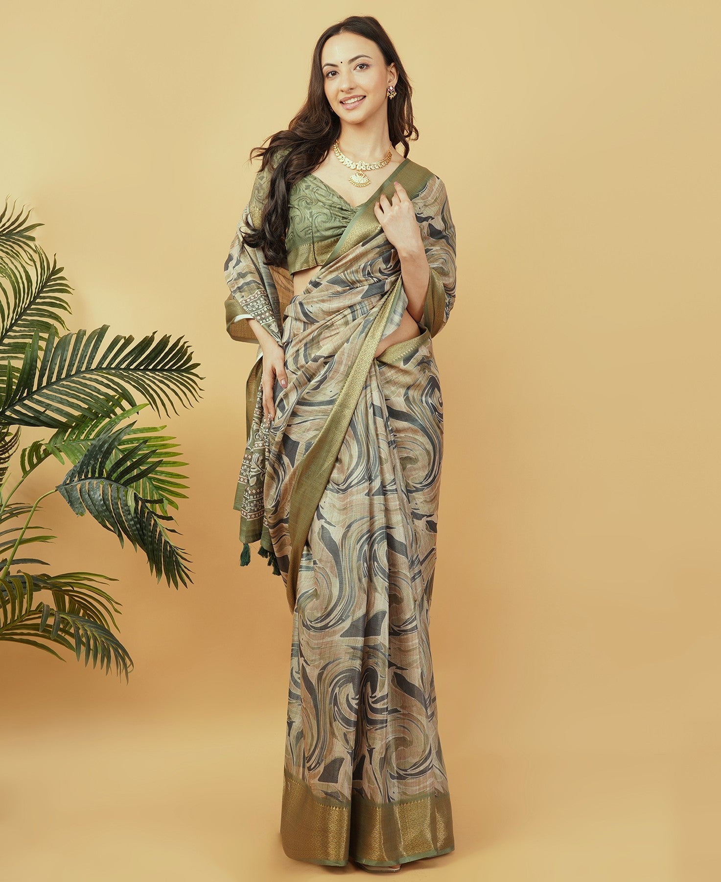 Mehendi Green Marble Swirl Print Saree with Antique Gold Zari Border