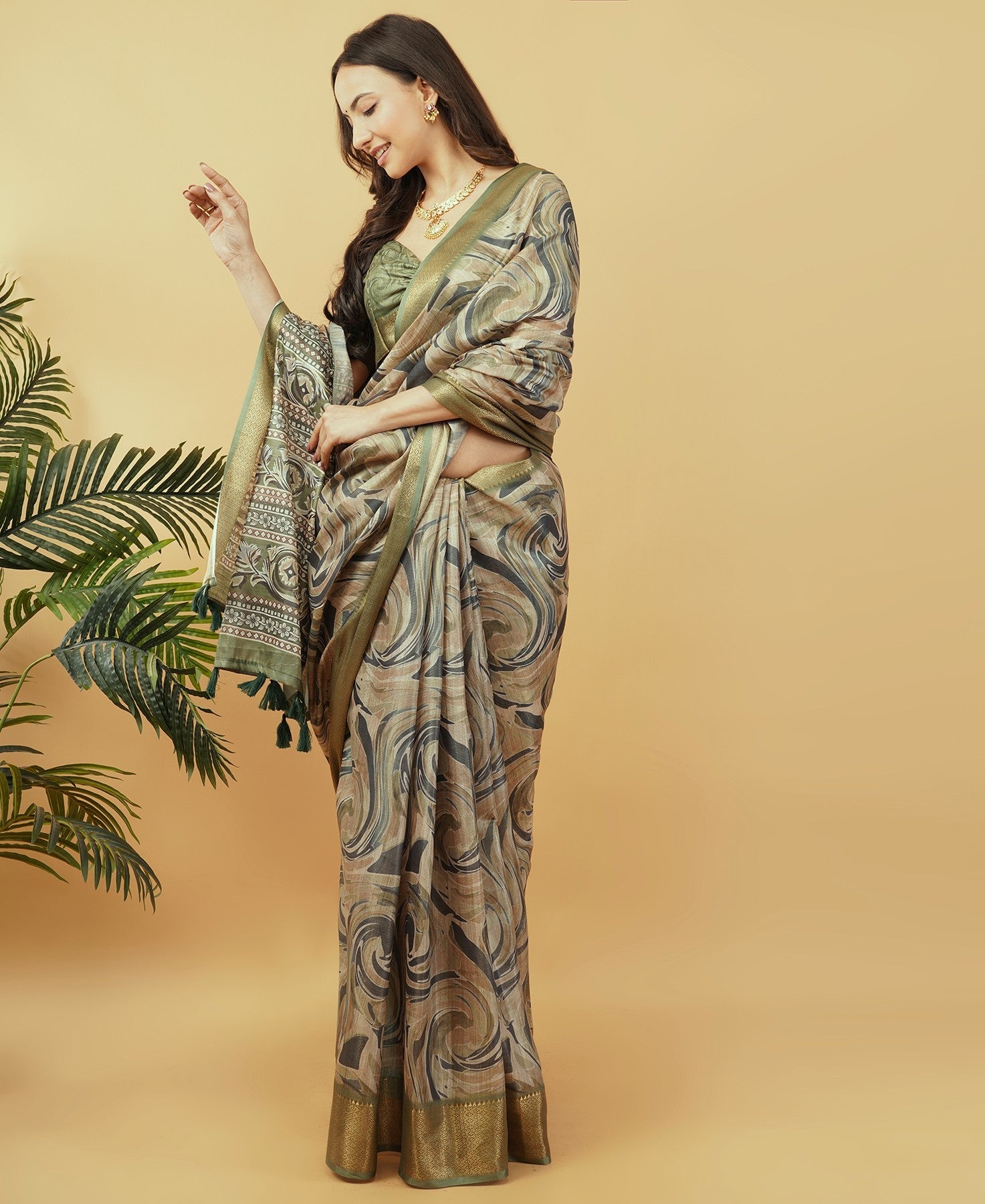 Mehendi Green Marble Swirl Print Saree with Antique Gold Zari Border