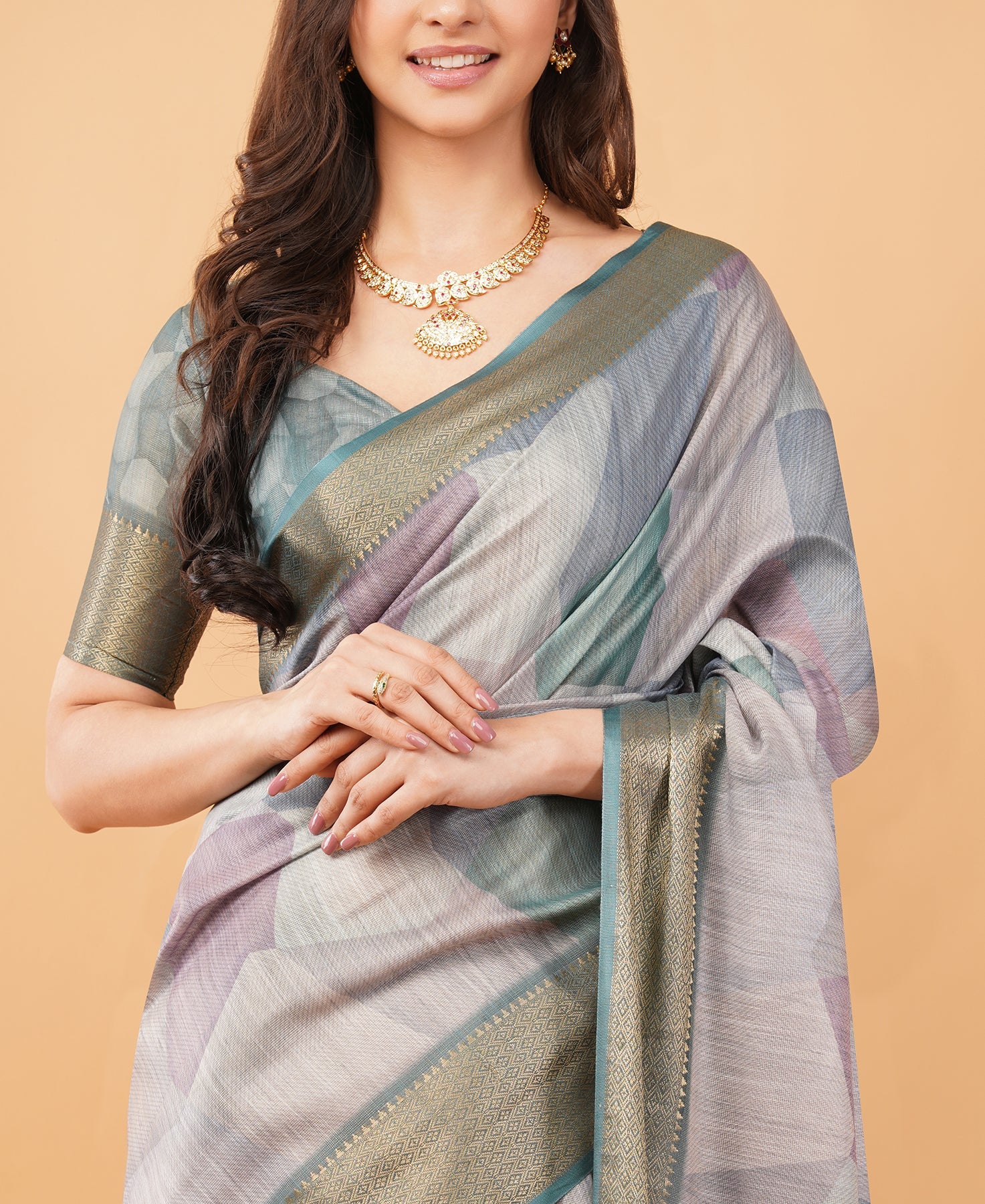 Multicolored Geometric Print Saree with Antique Zari Border