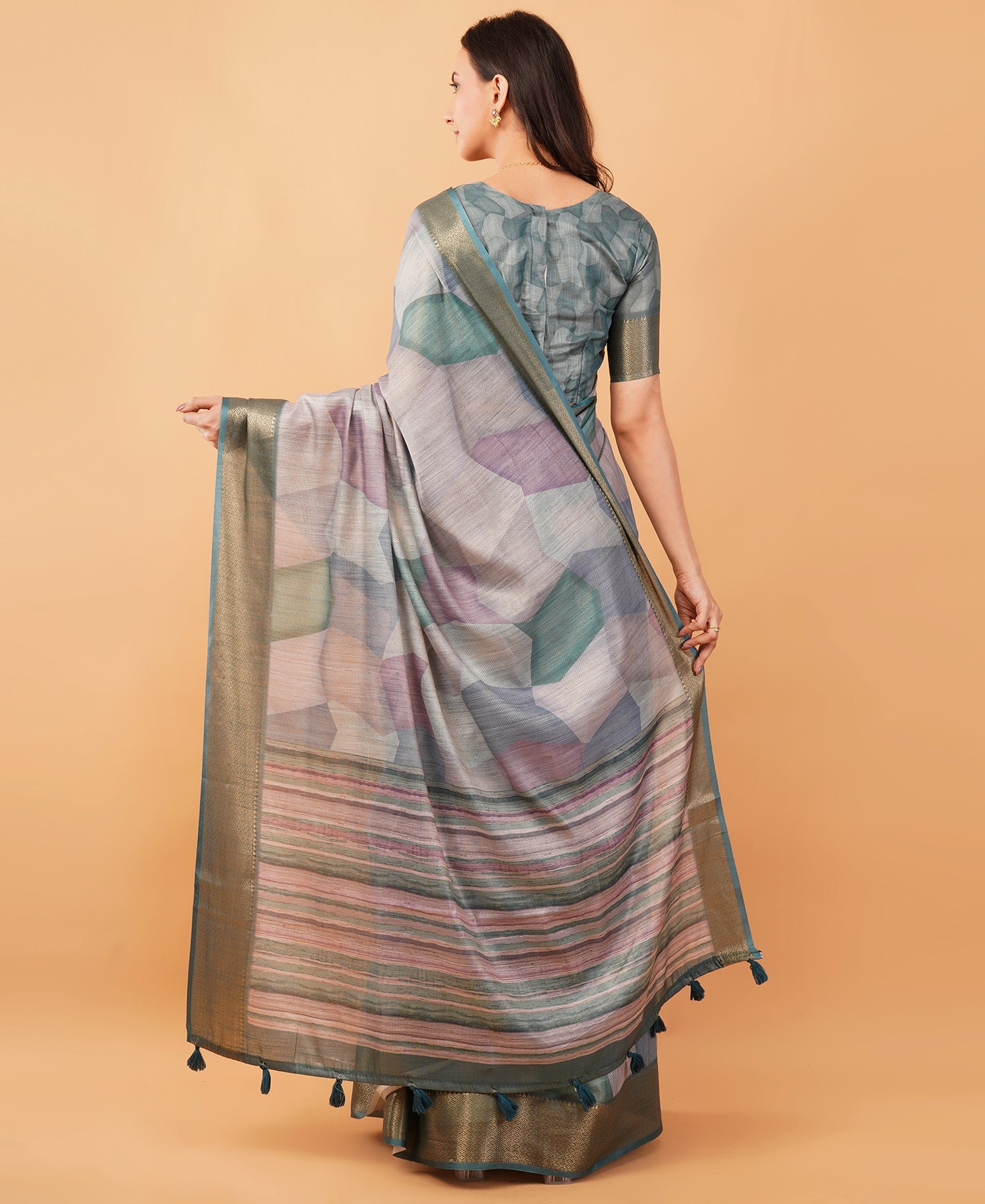 Multicolored Geometric Print Saree with Antique Zari Border