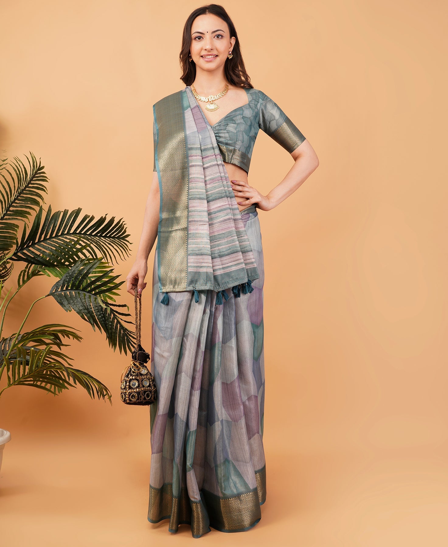 Slate and lavender geometric mosaic print saree with antique zari border and striped pallu