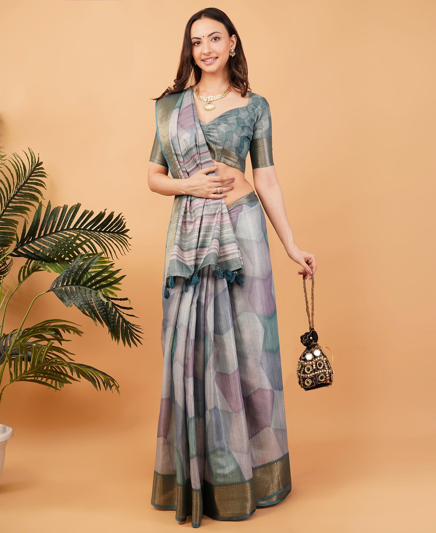 Multicolored Geometric Print Saree with Antique Zari Border