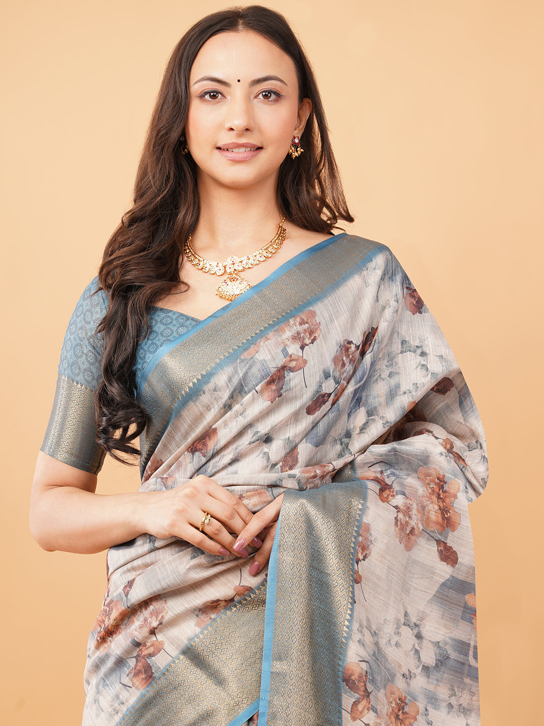 Steel Blue Geometric and Floral Print Saree with Dull Gold Zari Border
