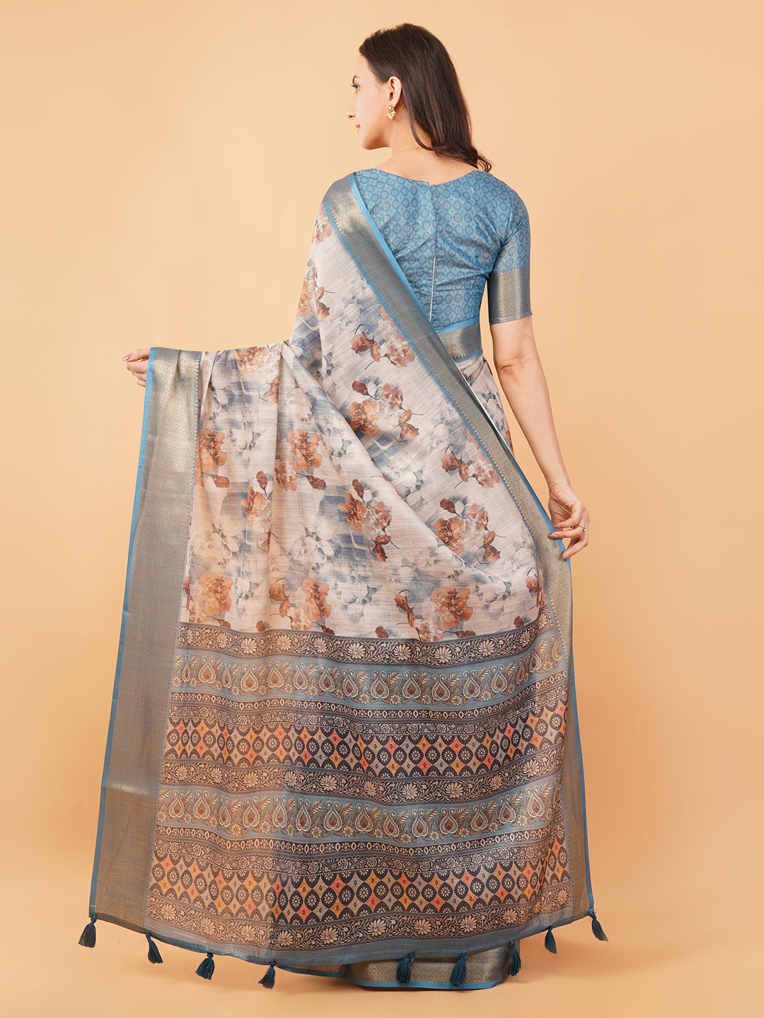 Steel Blue Geometric and Floral Print Saree with Dull Gold Zari Border