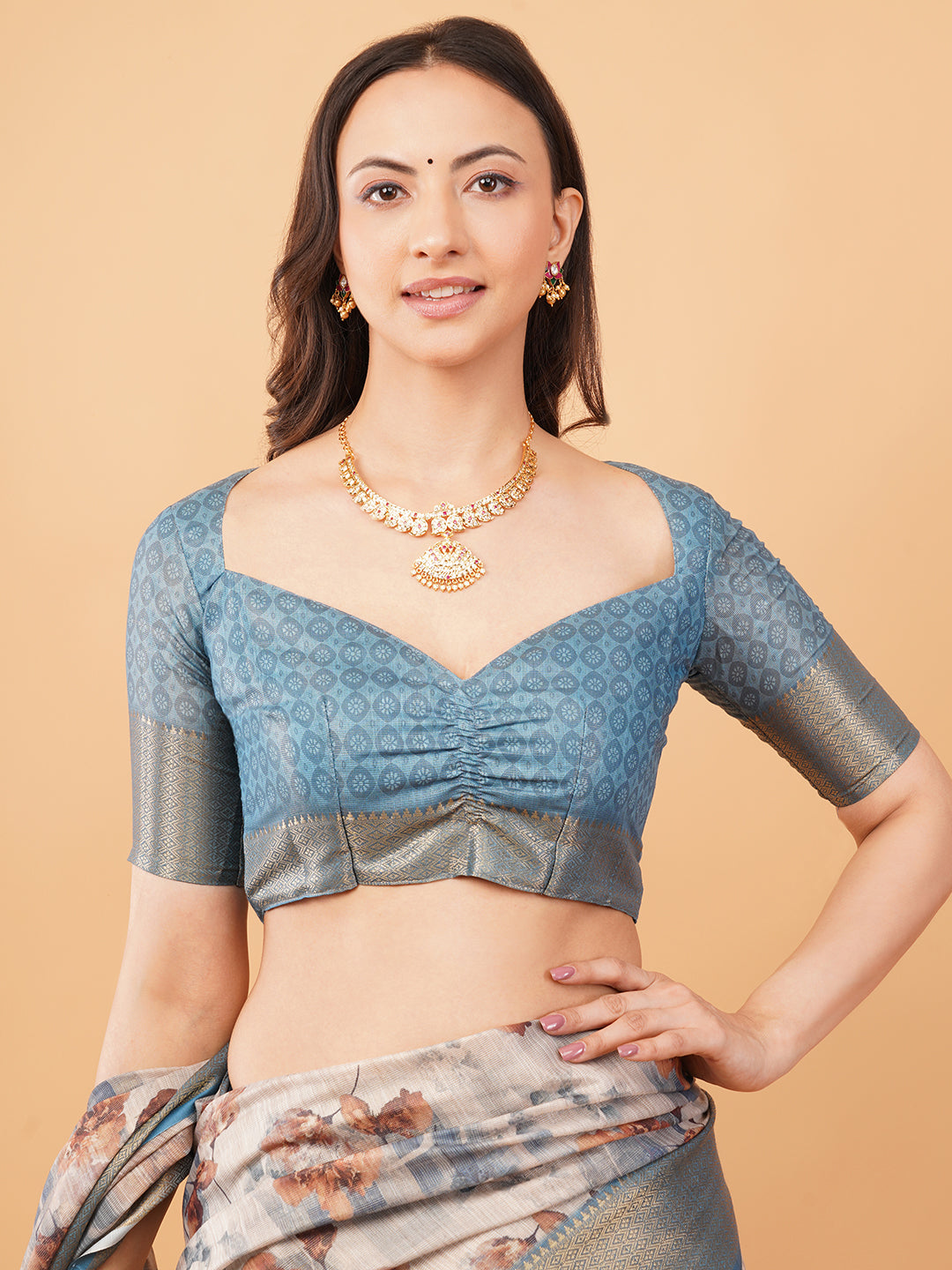 Steel Blue Geometric and Floral Print Saree with Dull Gold Zari Border