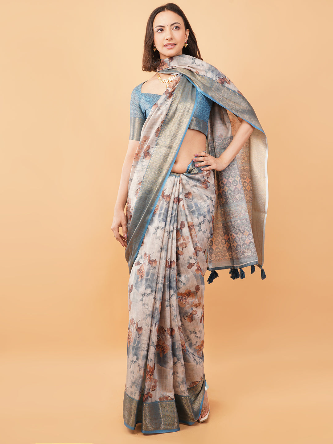 Steel Blue Geometric and Floral Print Saree with Dull Gold Zari Border