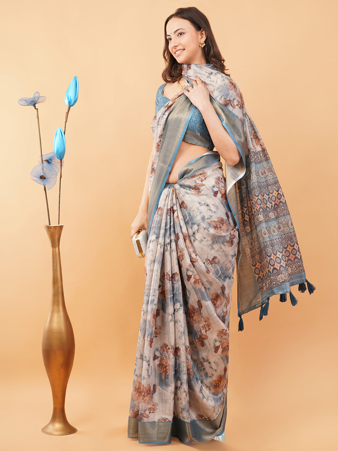 Steel Blue Geometric and Floral Print Saree with Dull Gold Zari Border
