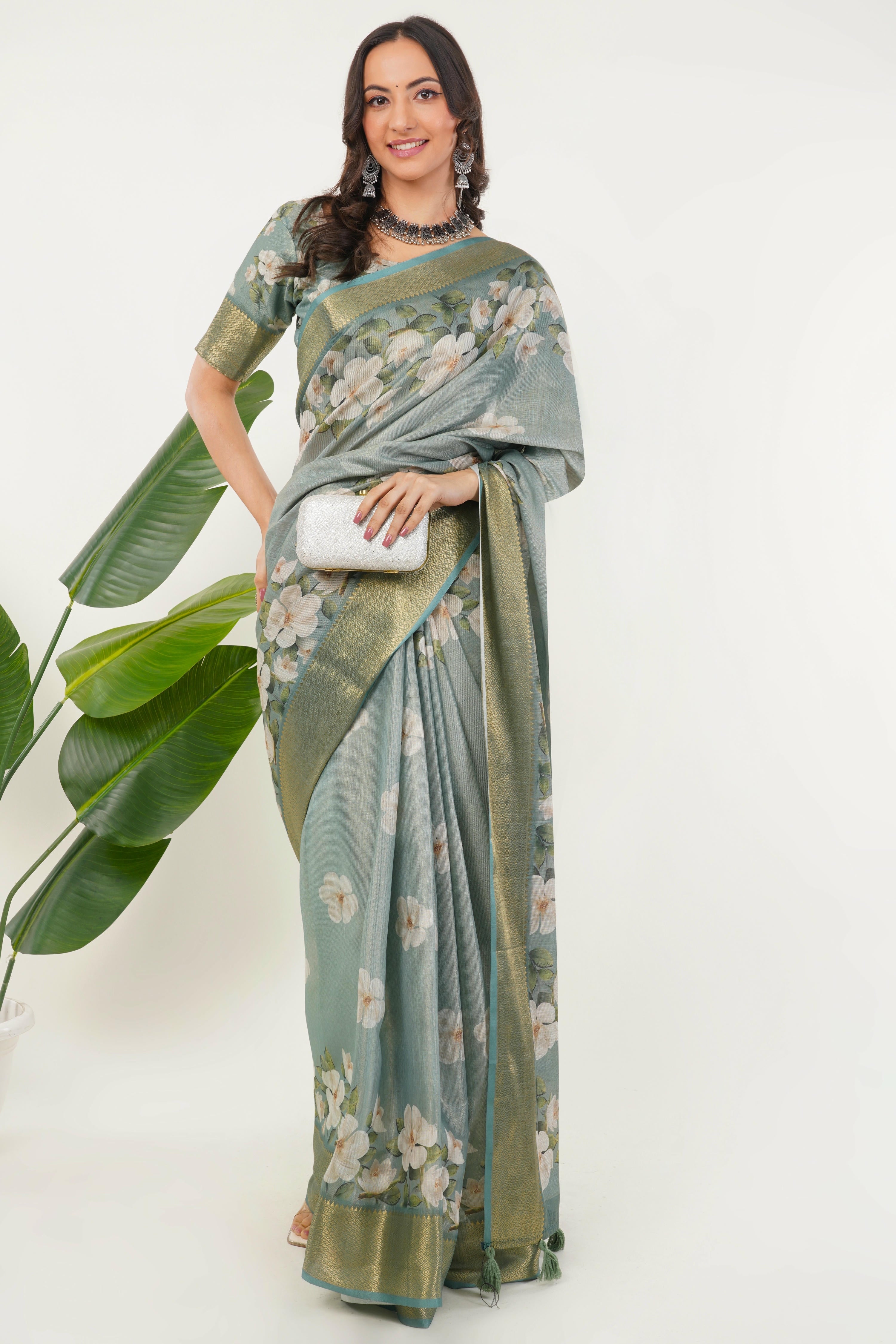 Sea Green Floral Print Saree with Antique Zari Border