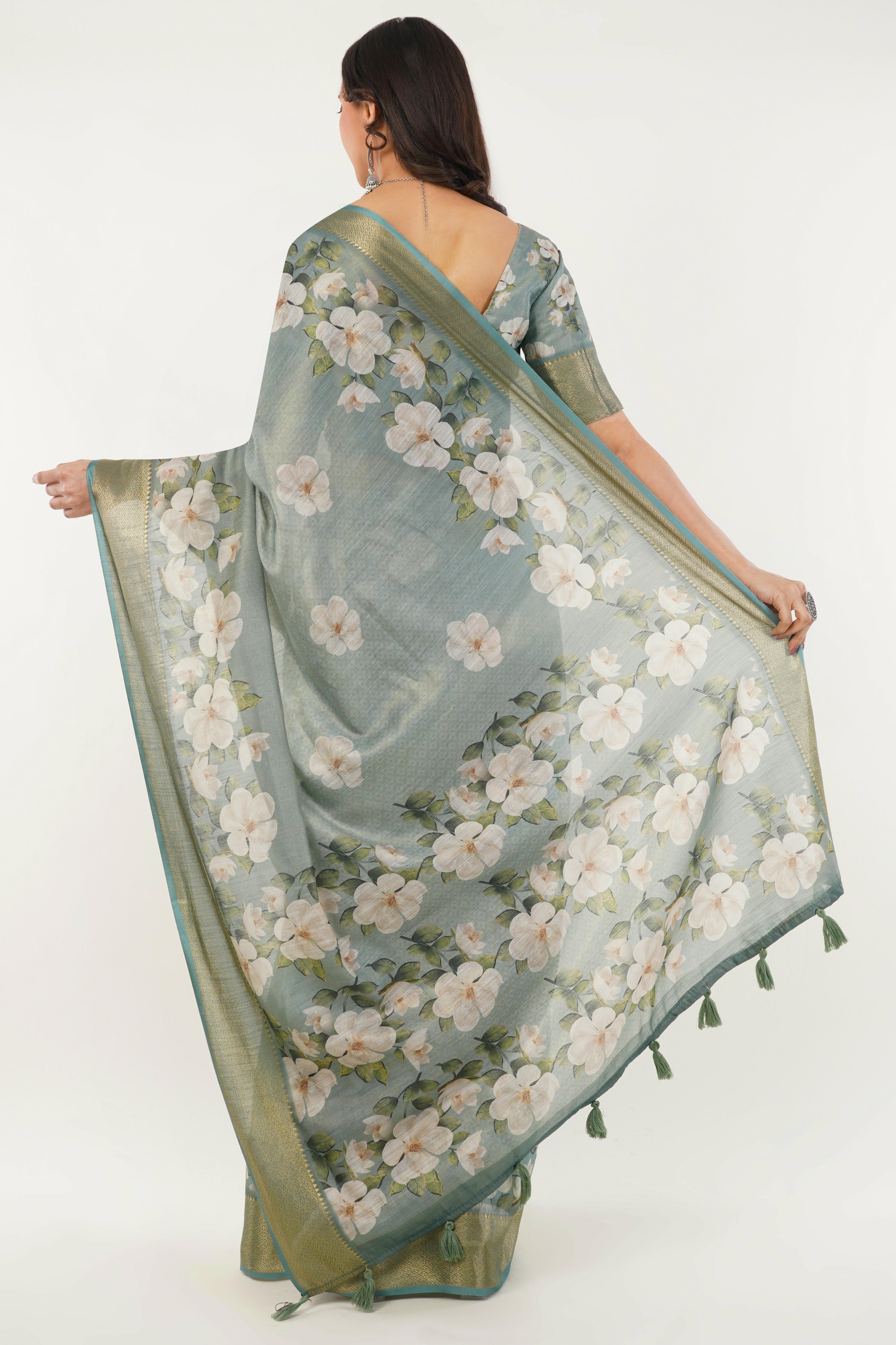 Sea Green Floral Print Saree with Antique Zari Border