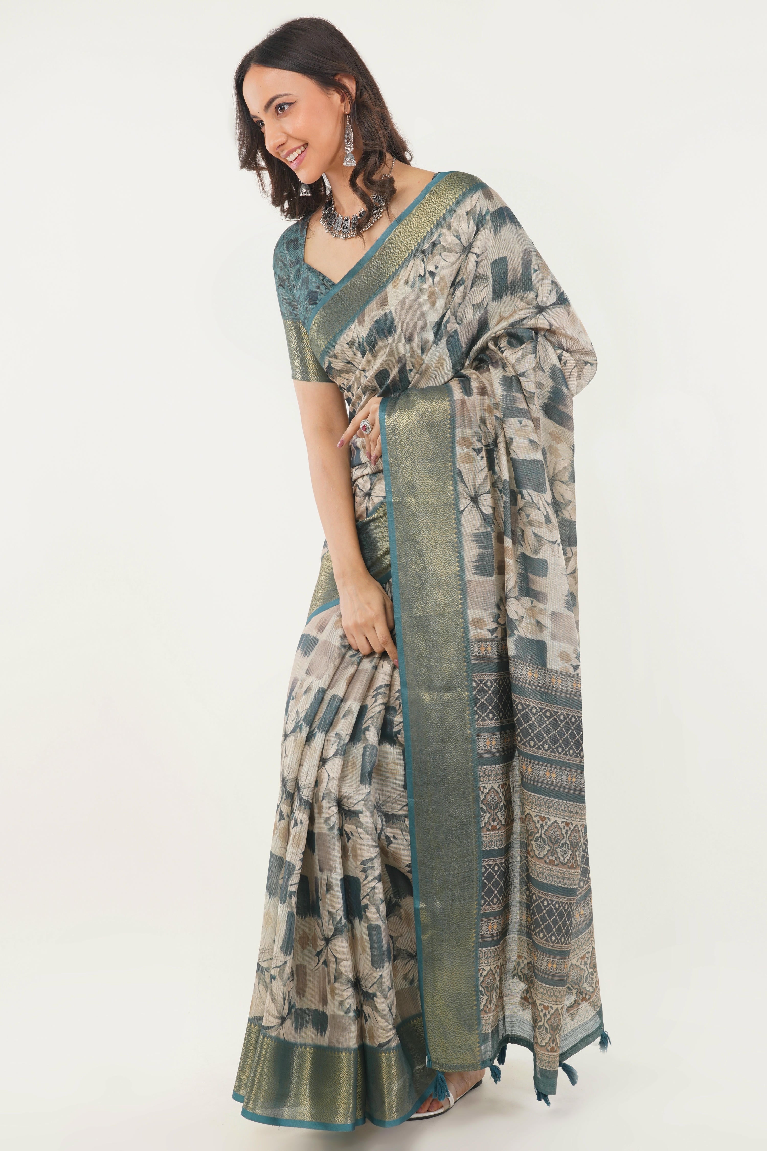 Off-White Floral Print Saree with Teal Zari Border