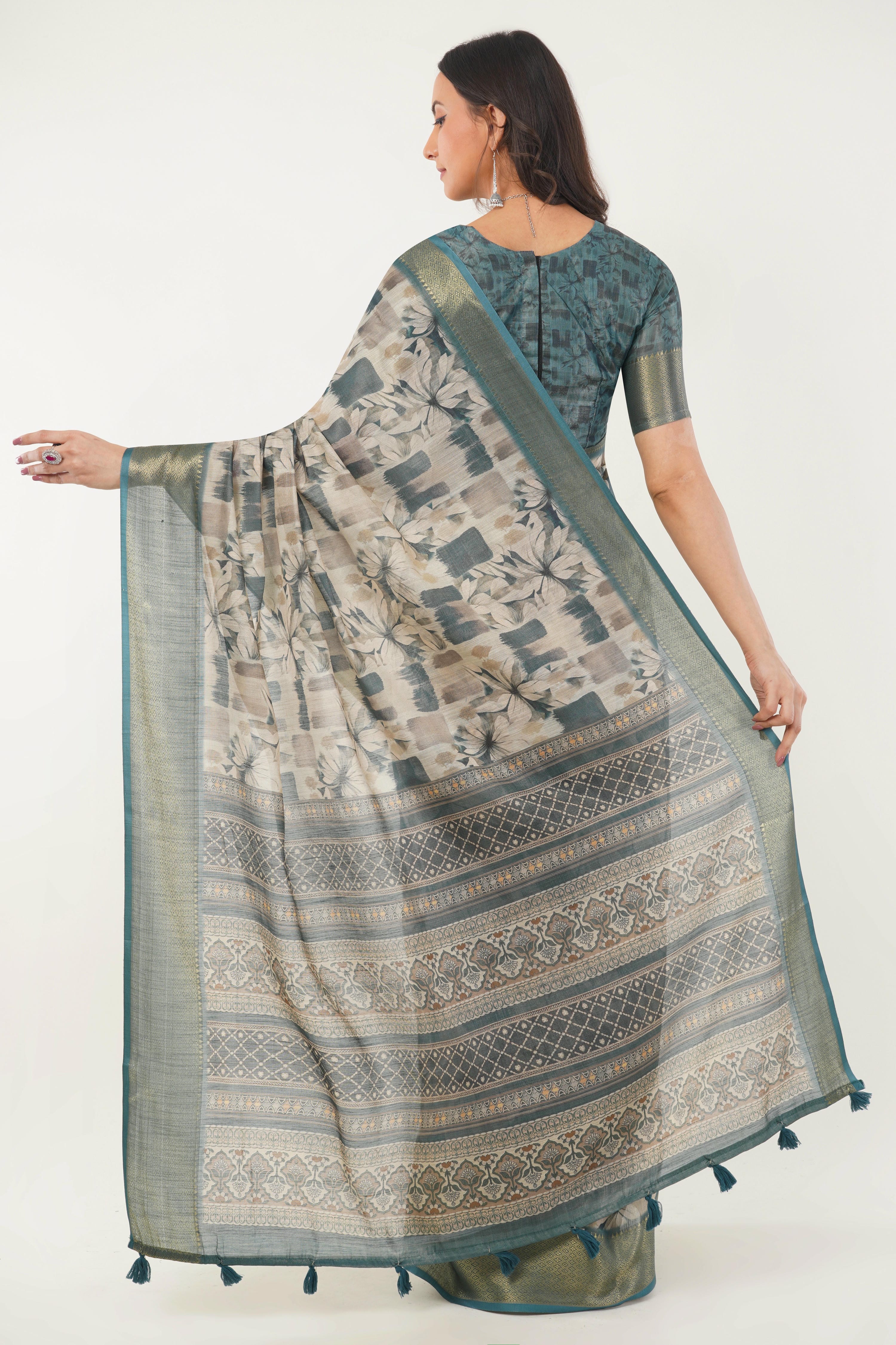 Off-White Floral Print Saree with Teal Zari Border