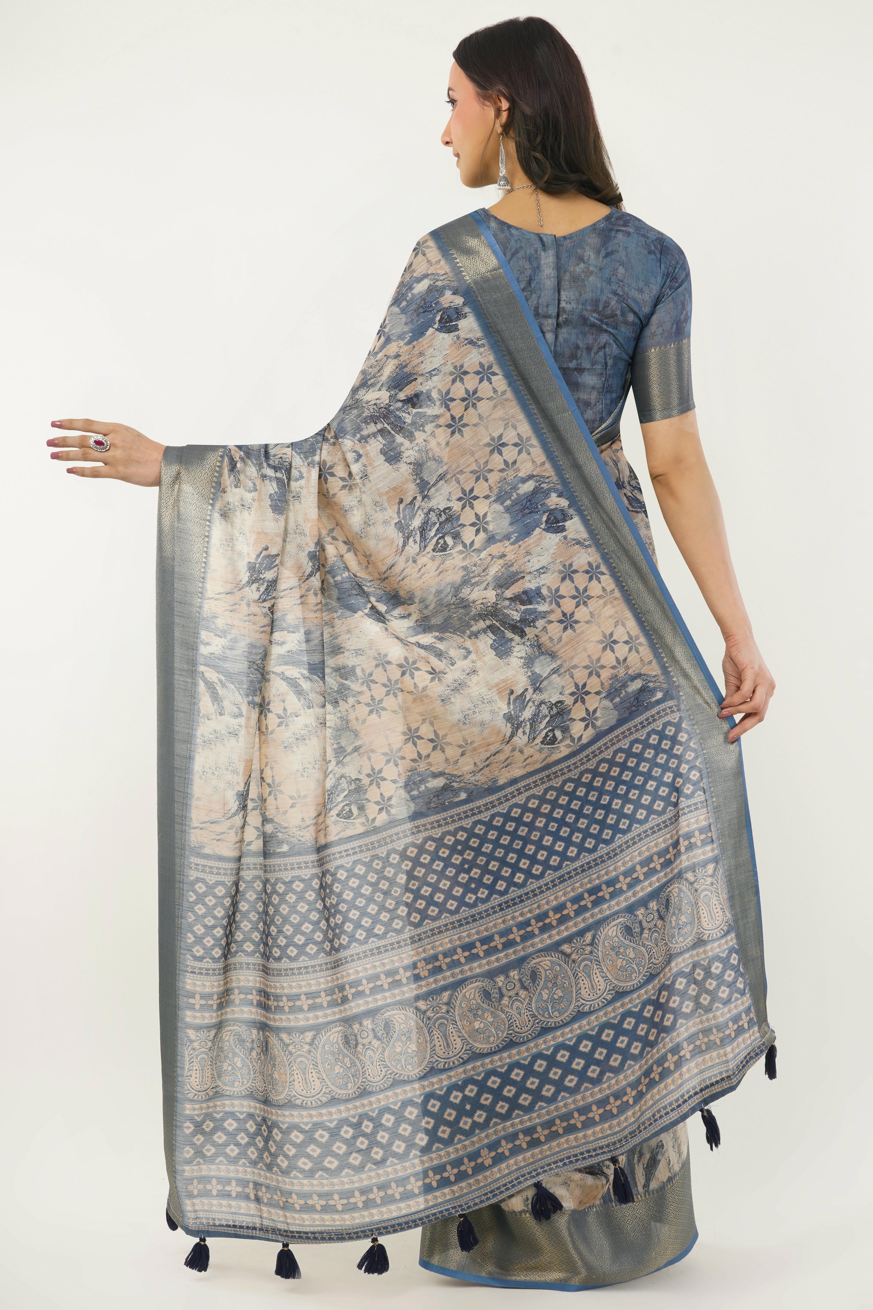 Dusty Blue & Beige Abstract Print Saree with Zari Border