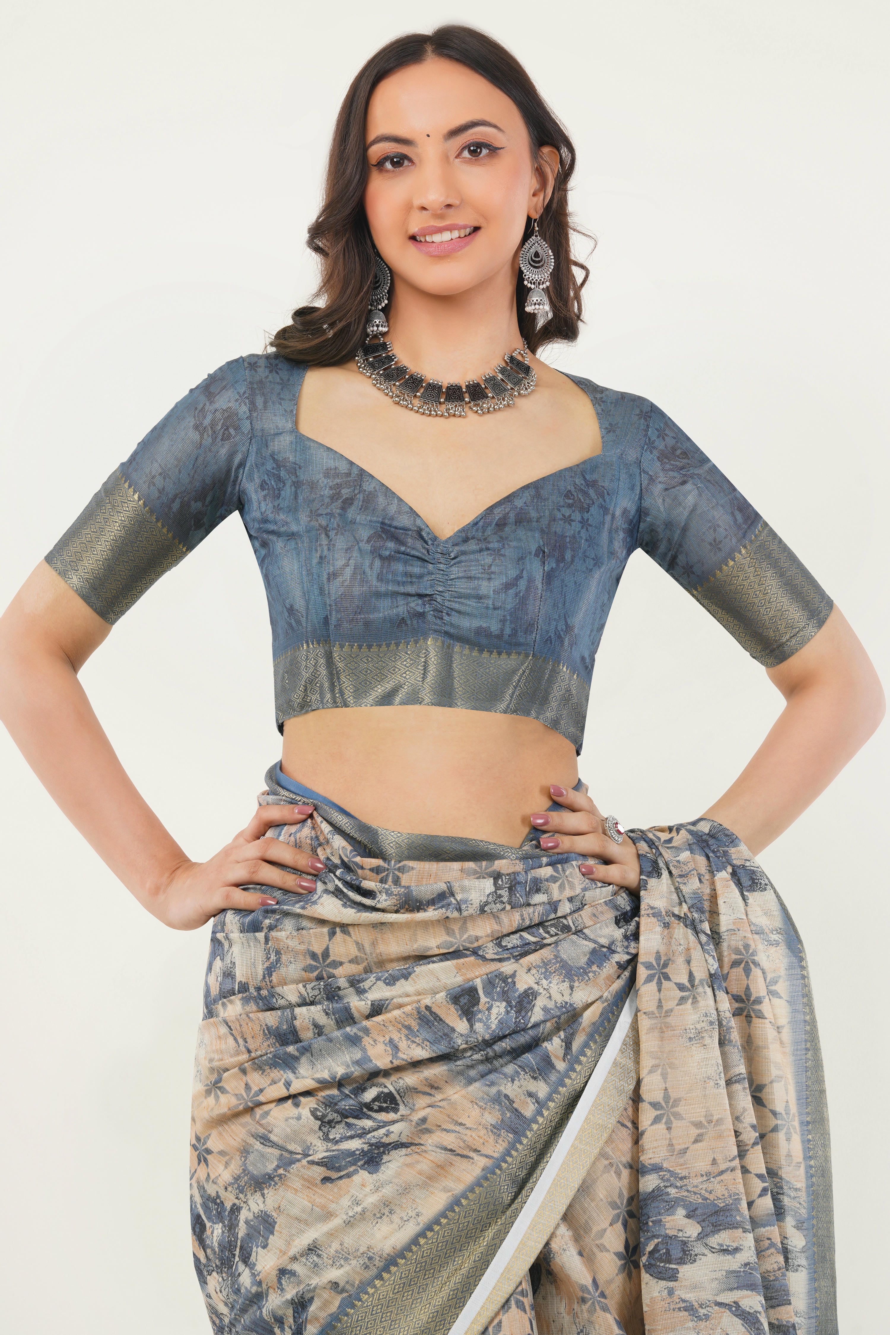 Dusty Blue & Beige Abstract Print Saree with Zari Border