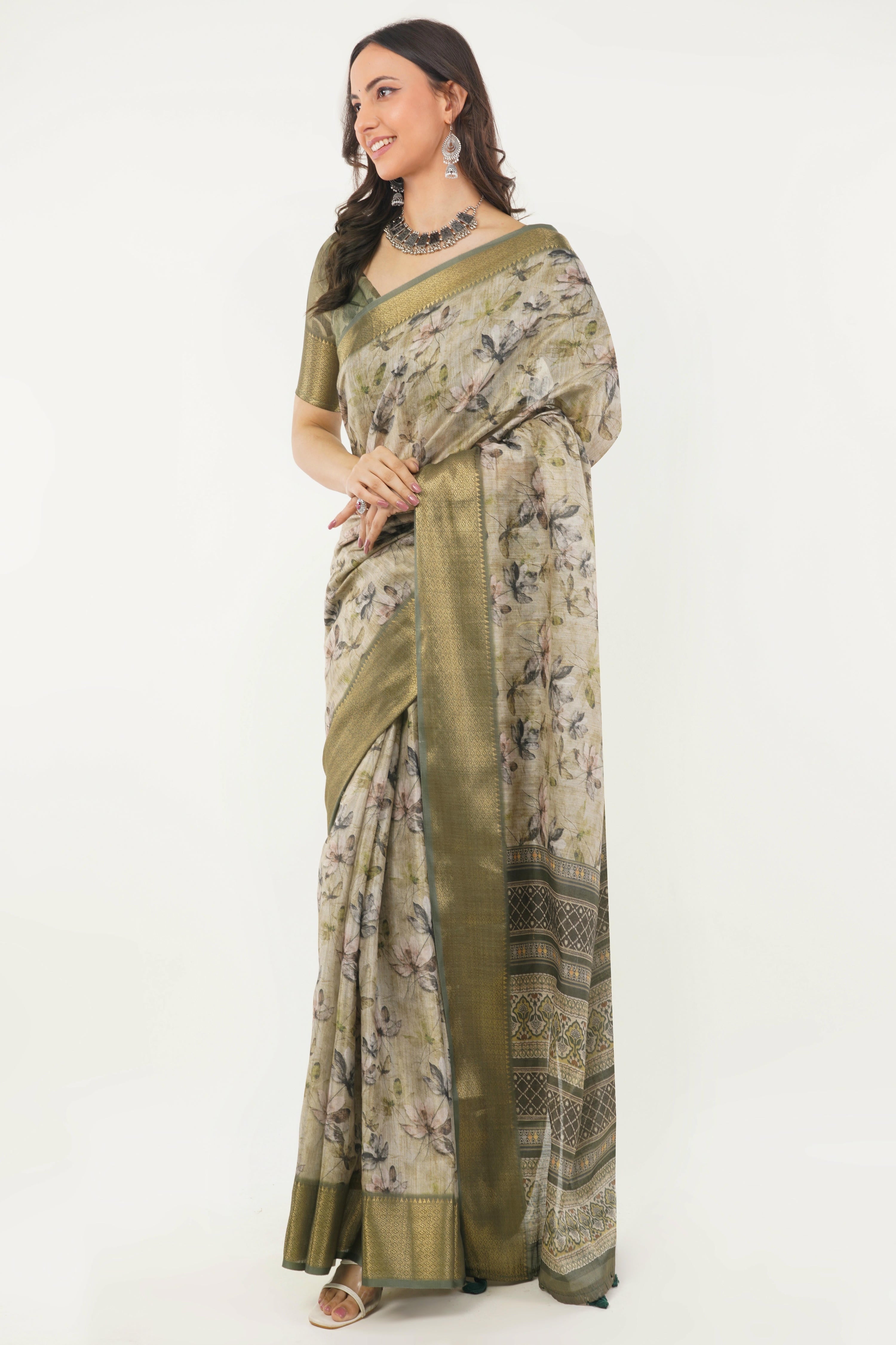 Sage Green Floral Botanical Print Saree with Antique Zari Border