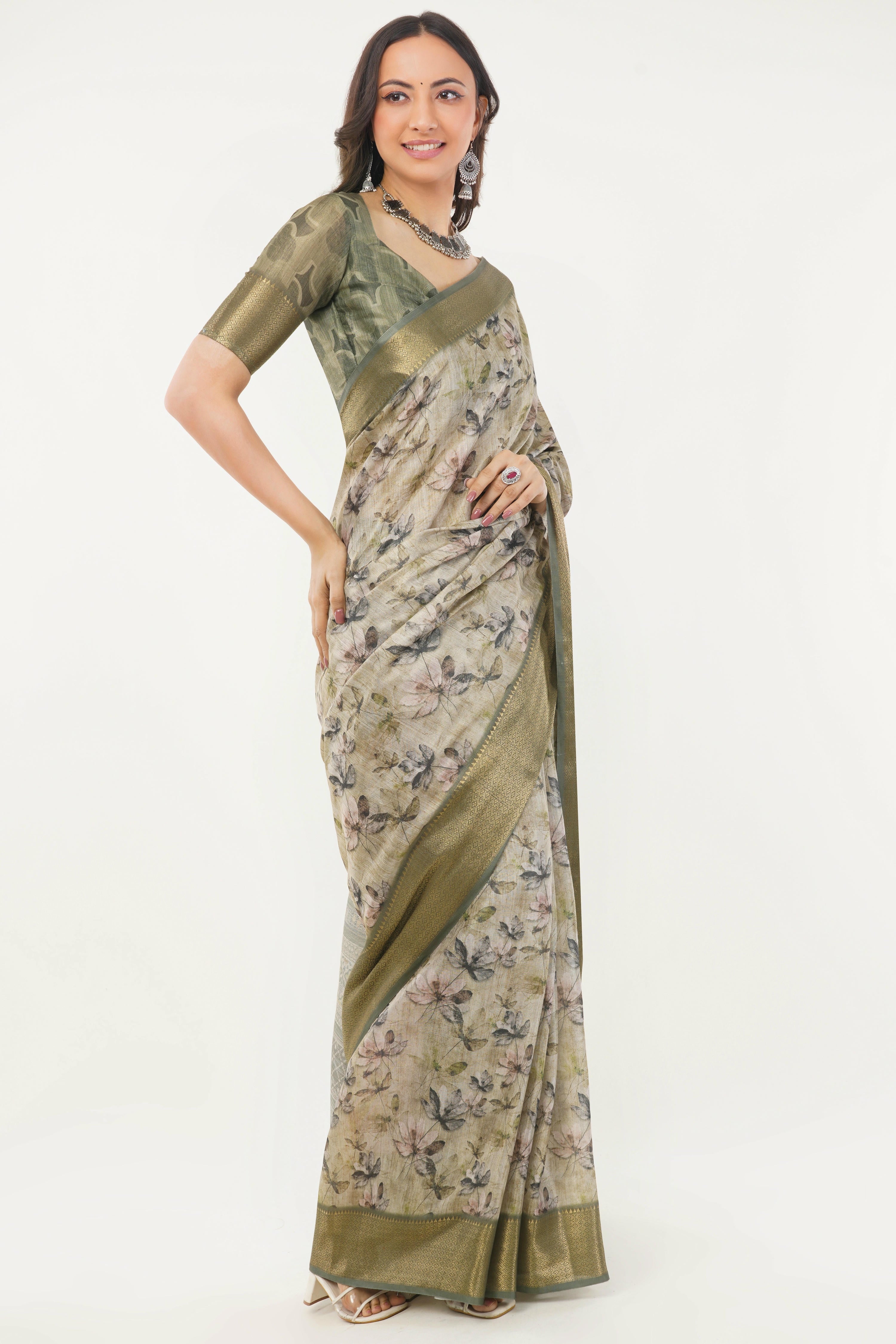 Sage Green Floral Botanical Print Saree with Antique Zari Border