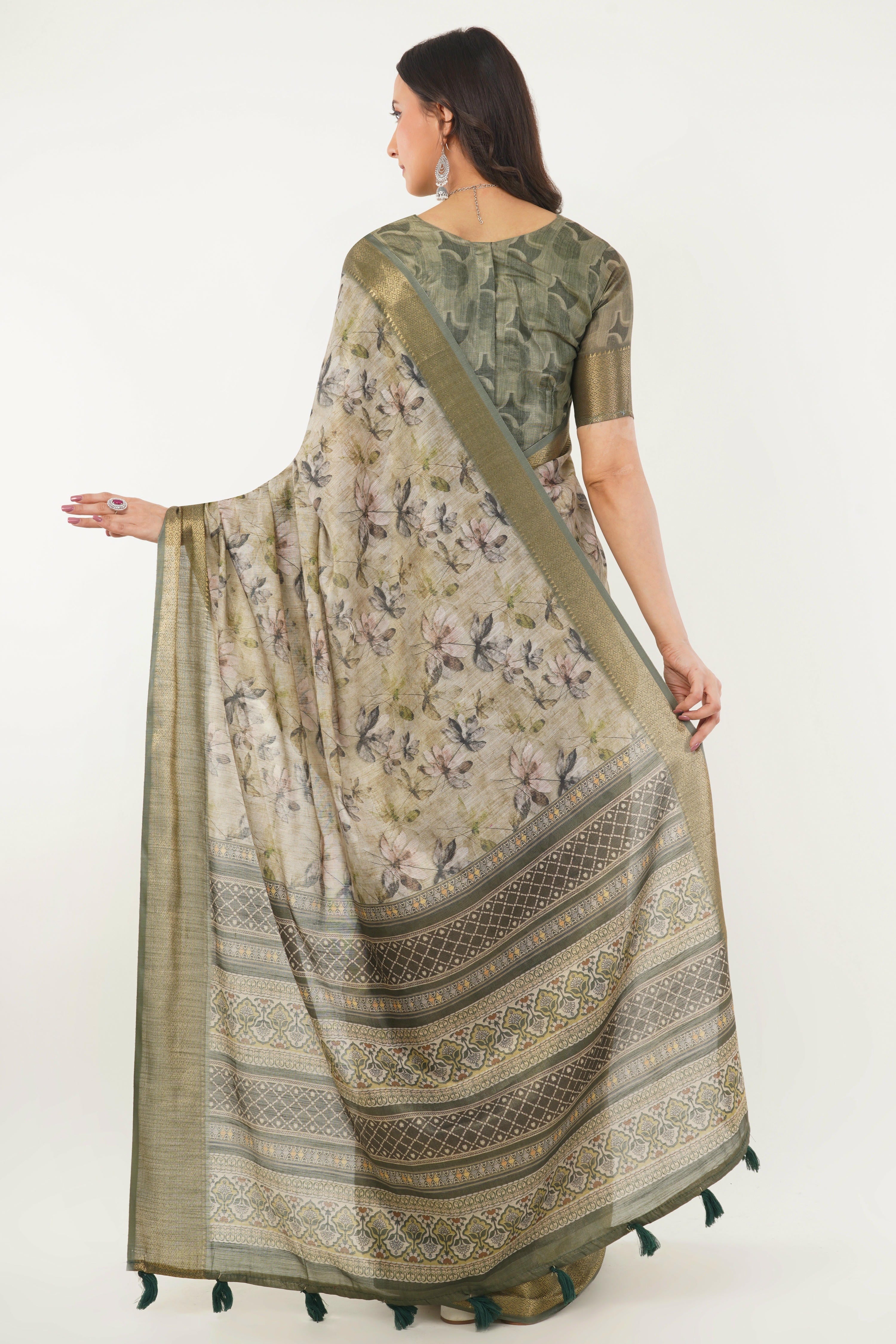 Sage Green Floral Botanical Print Saree with Antique Zari Border